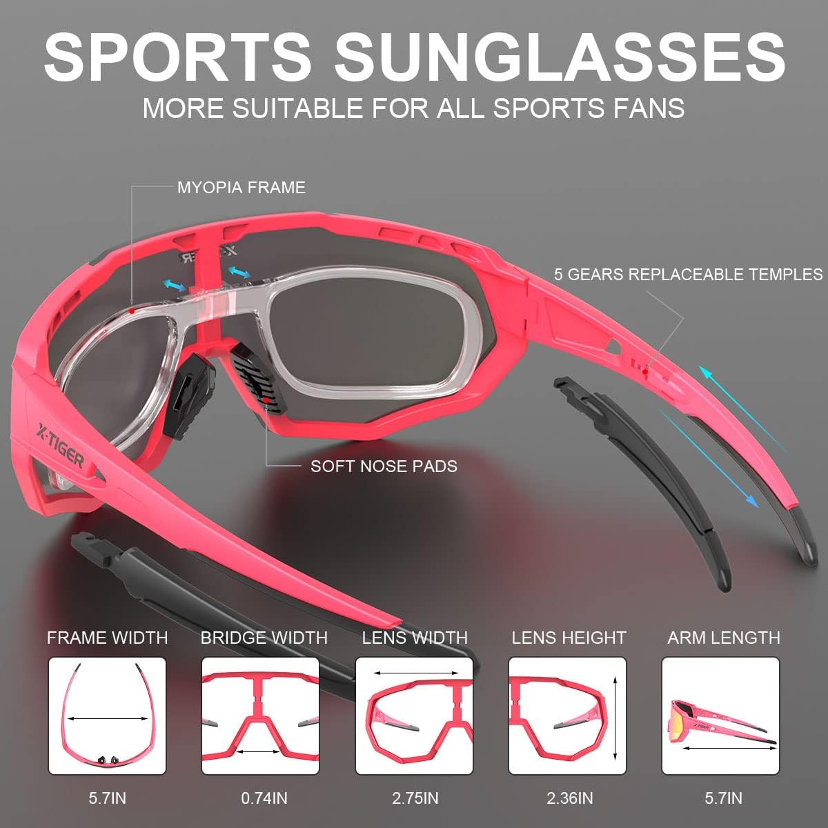 X-TIGER Gafas de sol deportivas polarizadas con 5 lentes intercambiables, lentes de ciclismo para hombre y mujer, béisbol, correr, pesca