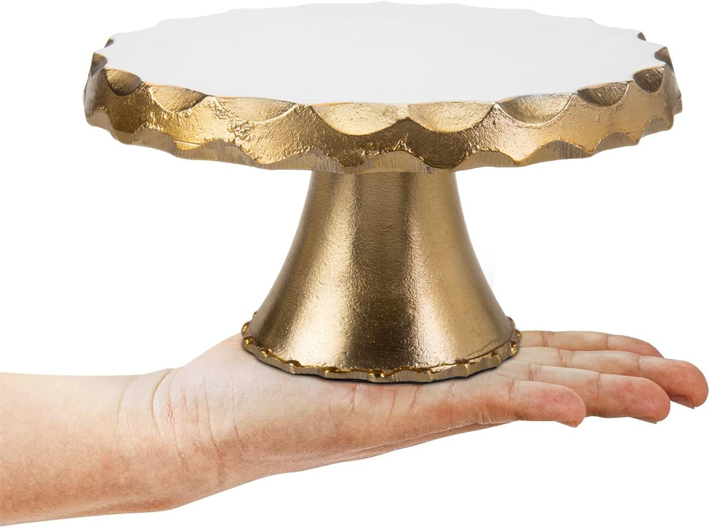 MyGift Soporte redondo de aluminio para tartas de 8 pulgadas en tono dorado con parte superior blanca, soporte para cupcakes elevador de postres,