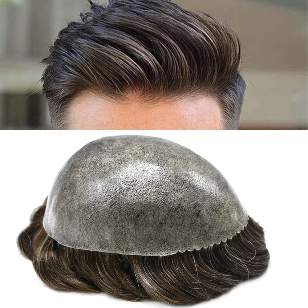 Hombres Toupee Sistema de Replcement de Cabello Humano Toupee Hombre Piel de Poli Completo Pieza de Pelo de Piel de PU para Hombres Toupee