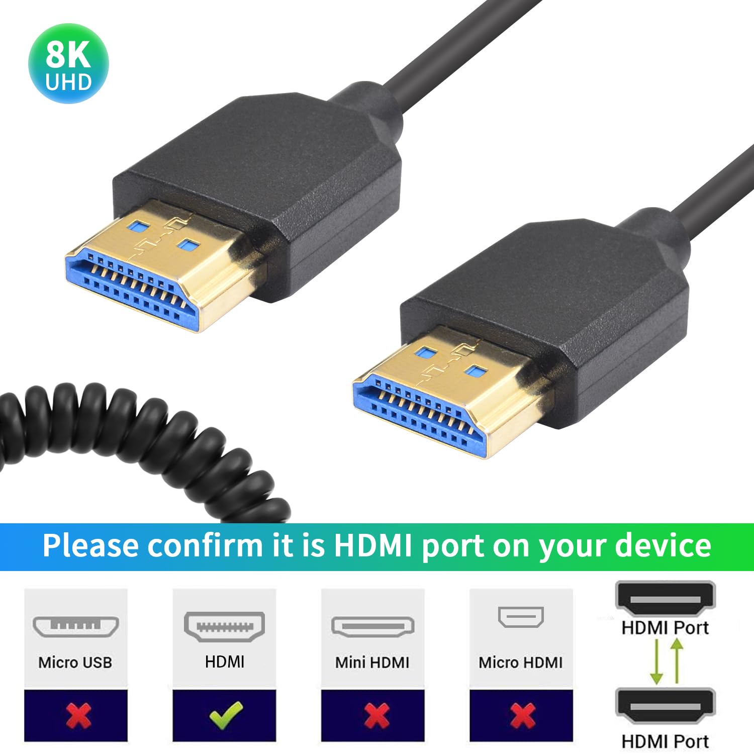 Duttek 8K HDMI a HDMI en espiral de 6 pies5.9 ft, cable en espiral HDMI 2.1 de 48 Gbps, cable HDMI extremo delgado macho a macho soporta 8K 60Hz, 4K