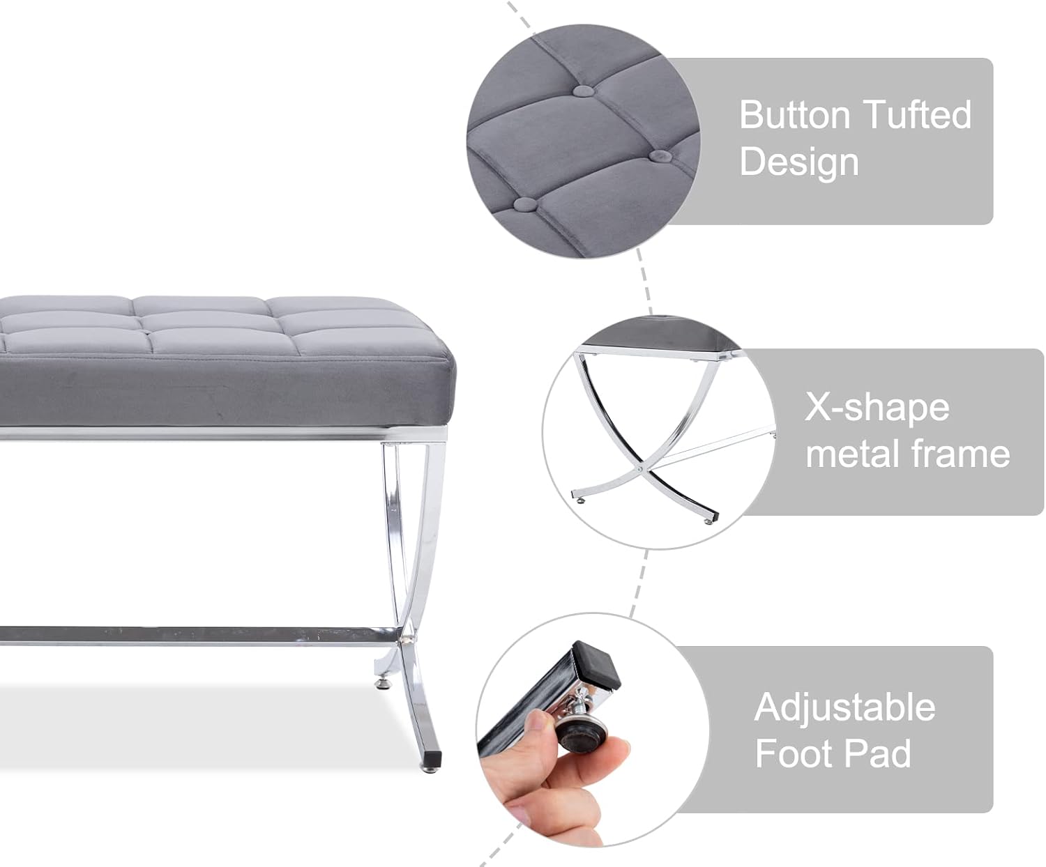 CIMOTA Moderno banco de entrada de terciopelo tapizado con botones y base de metal, elegante banco otomano para entrada, sala de estar, dormitorio,
