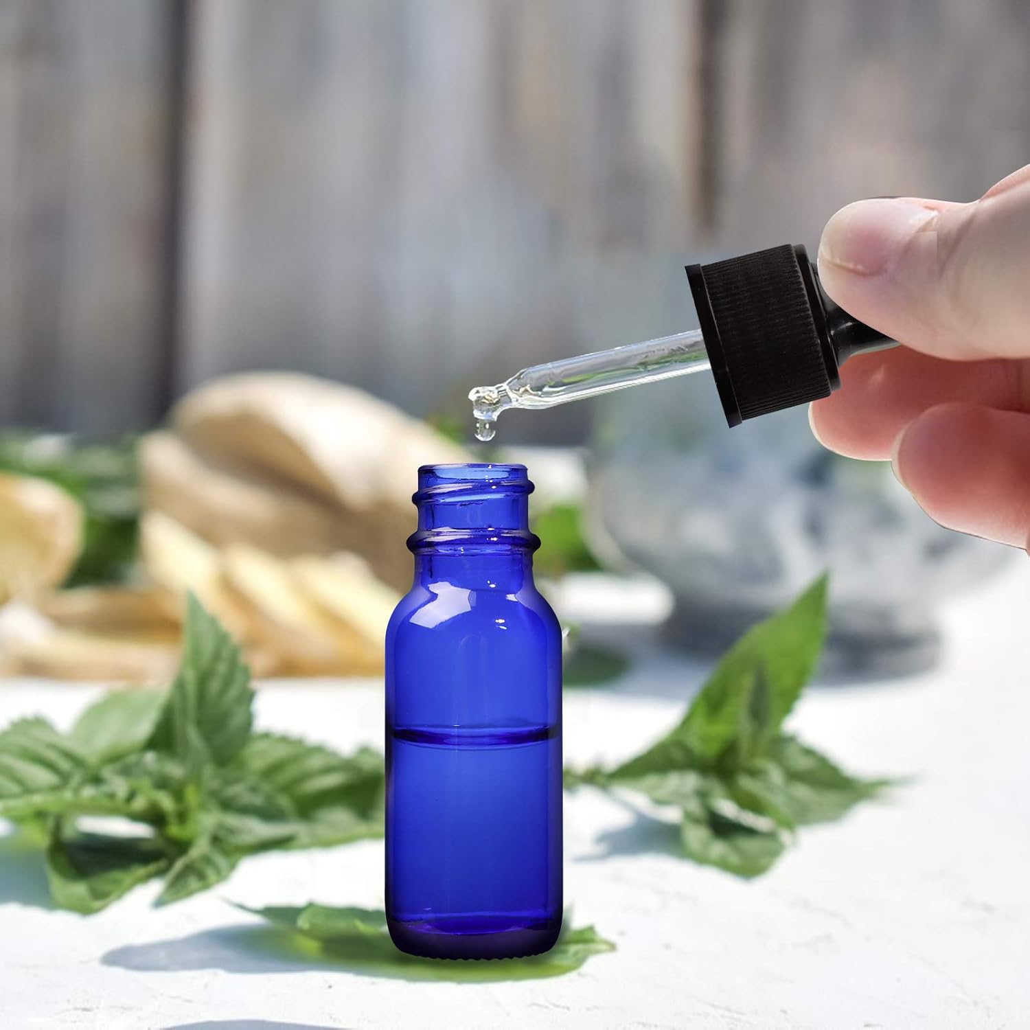 Paquete de 24 botellas de vidrio azul cobalto de 12 oz con cuentagotas de vidrio para aceites esenciales, perfumes y productos químicos de