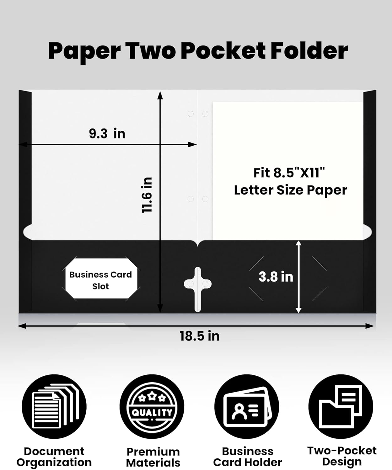 SUNEE Carpetas con 3 agujeros perforados (paquete de 50 unidades, negras), carpetas de 2 bolsillos para papel tamaño carta, carpeta de archivos de