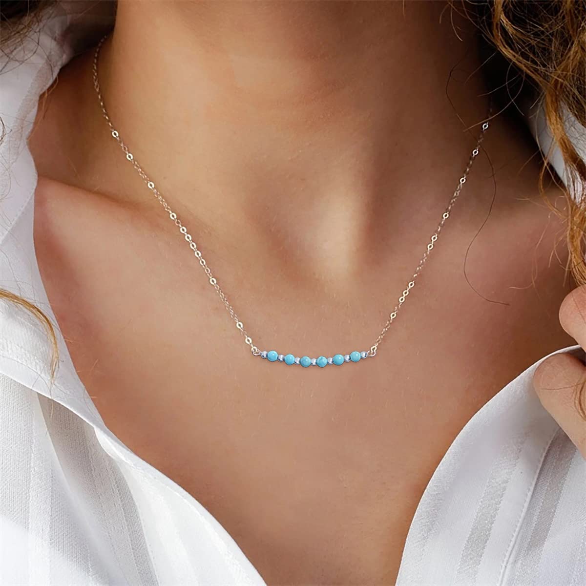 Dainty Turquoise Black Agate Beads Bar Necklace for Women Chain Choker Handmade Gemstone Jewelry for Mother’s Day, Birthday Gift (4mm Turquoise