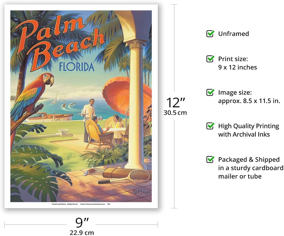 Kerne Erickson – Póster de viaje vintage de Palm Beach Florida, impresión artística maestra (sin marco) 9 x 12 pulgadas