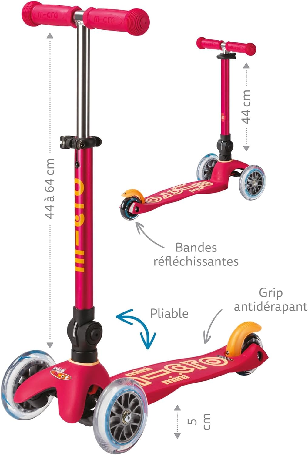 Micro Kickboard – Mini scooter LED plegable de lujo, 3 ruedas, inclinado a la dirección, microscooter de diseño suizo con ruedas LED iluminadas,