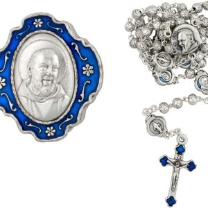 Rosario con caja de metal Padre Pio  Cuentas florales de granizo María en tono plateado con cuentas azules del Padre Pío Nuestro Padre  Gran regalo Rosario con caja de metal Padre Pio  Cuentas florales de granizo María en tono plateado con cuentas azules del Padre Pío Nuestro Padre  Gran regalo