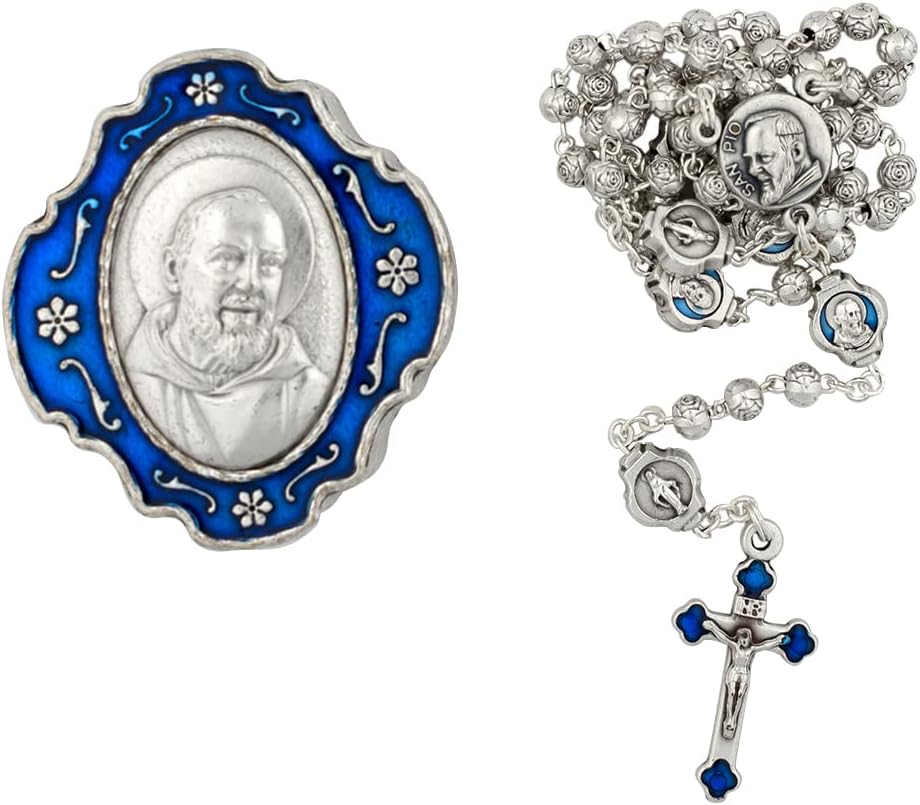 Rosario con caja de metal Padre Pio  Cuentas florales de granizo María en tono plateado con cuentas azules del Padre Pío Nuestro Padre  Gran regalo
