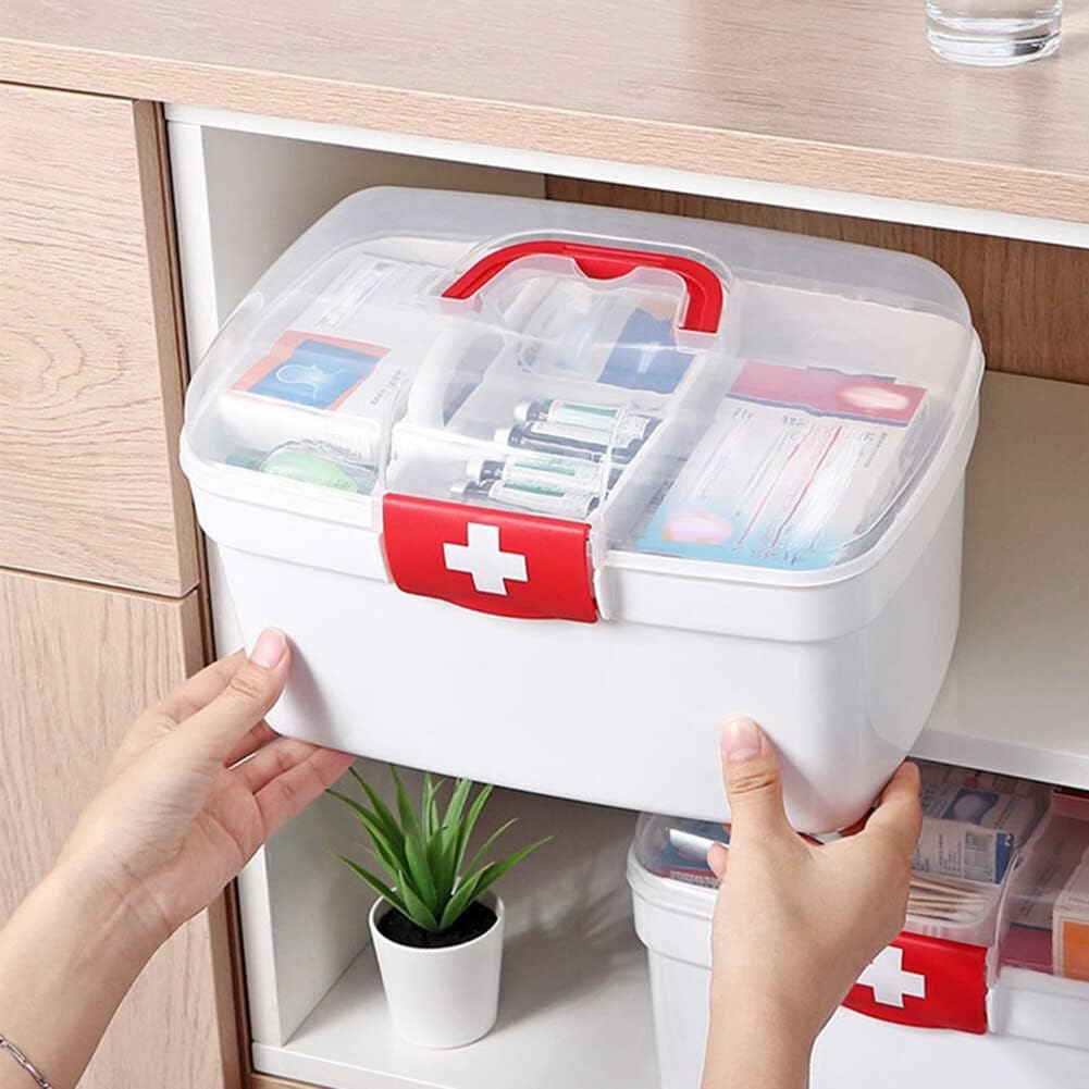 Caja médica, Caja vacía transparente de primeros auxilios con mango portátil, caja de almacenamiento de doble capa caja de píldoras de plástico