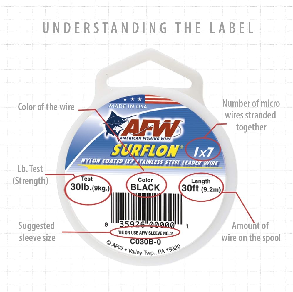 American Fishing Wire Surflon Nylon Coated 1×7 Stainless Steel Leader Wire – Fishing Leader Line for Saltwater, 10lb Test – 250lb Test in Bright,