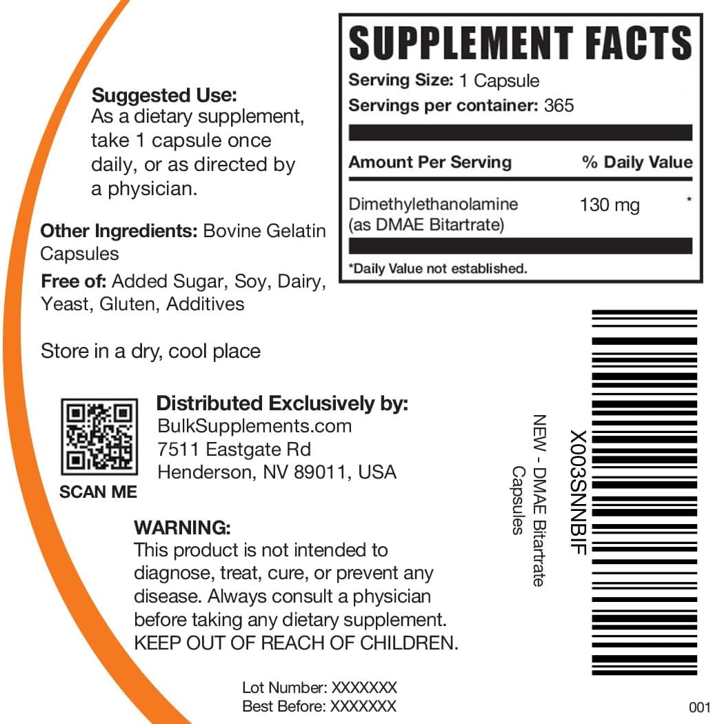 BULKSUPPLEMENTS.COM Cápsulas de bitartrato DMAE – Dimetilaminoetanol, DMAE 350 mg, suplemento de DMAE, cápsulas de DMAE – para la salud y el enfoque