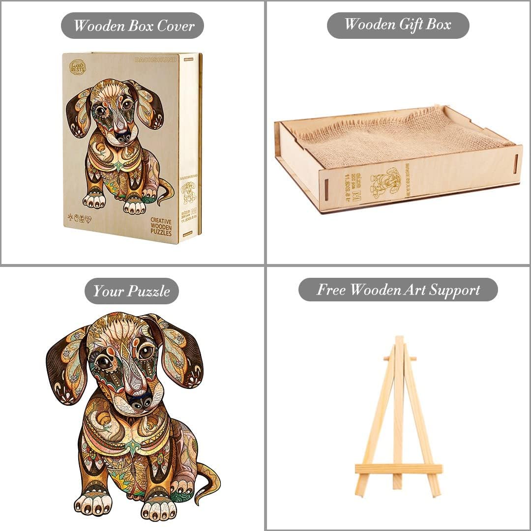 Funnli Rompecabezas de madera para adultos  300 piezas de perro salchicha  Rompecabezas de madera de 15.7 x 13.1 pulgadas con caja, colección de