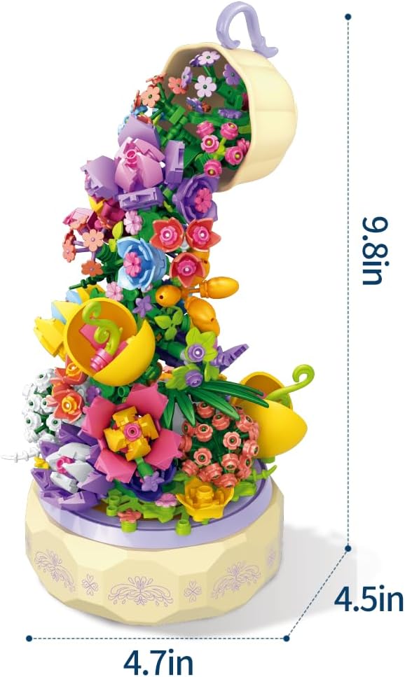 Mesiondy Juego de flores de construcción, caja giratoria de música de flores, con luz, con mariposas, regalo de cumpleaños, kits de construcción de