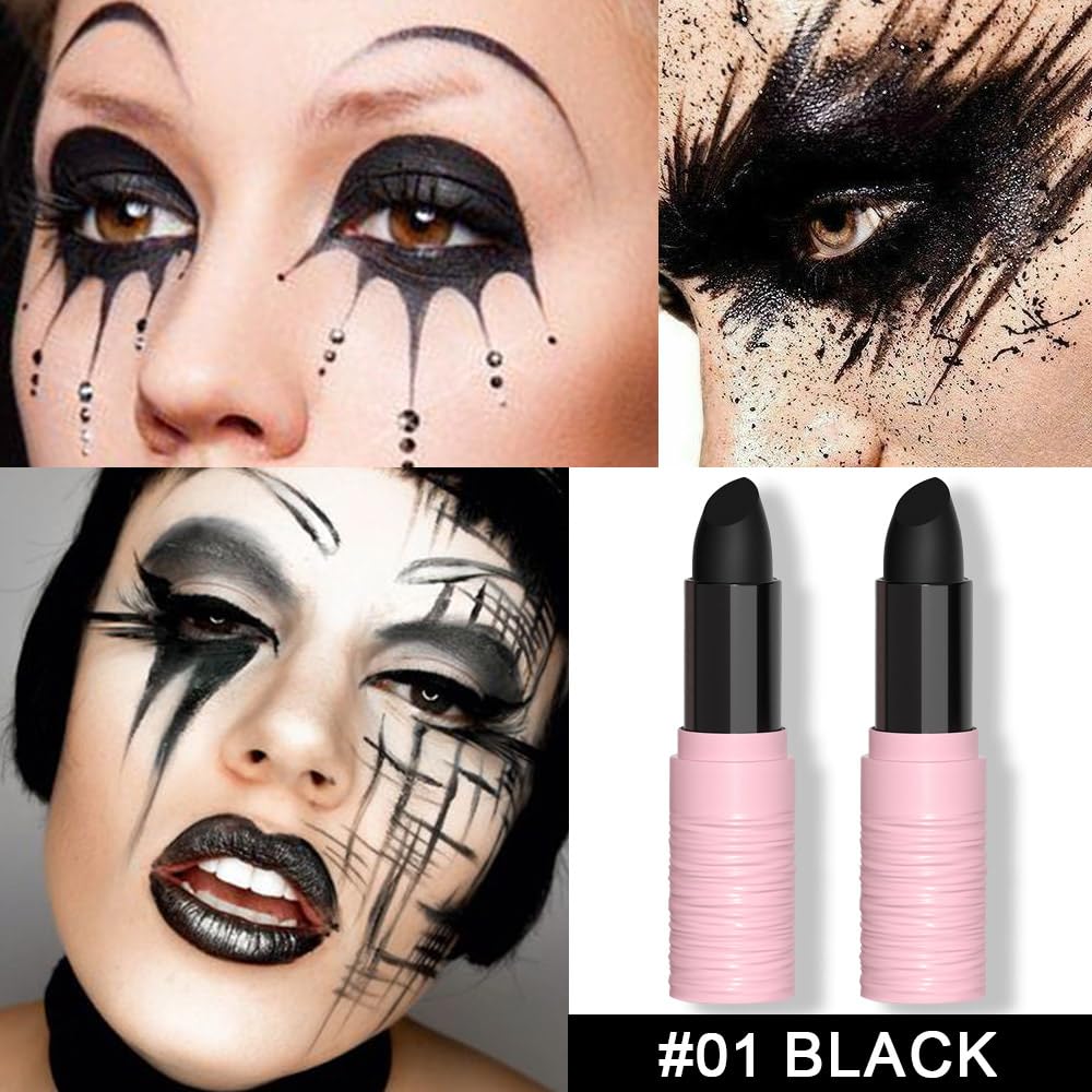 evpct Juego de 2 pintalabios negros Whtie mate para Halloween, pintura corporal y cara, juego de labios de alto impacto con fórmula cremosa