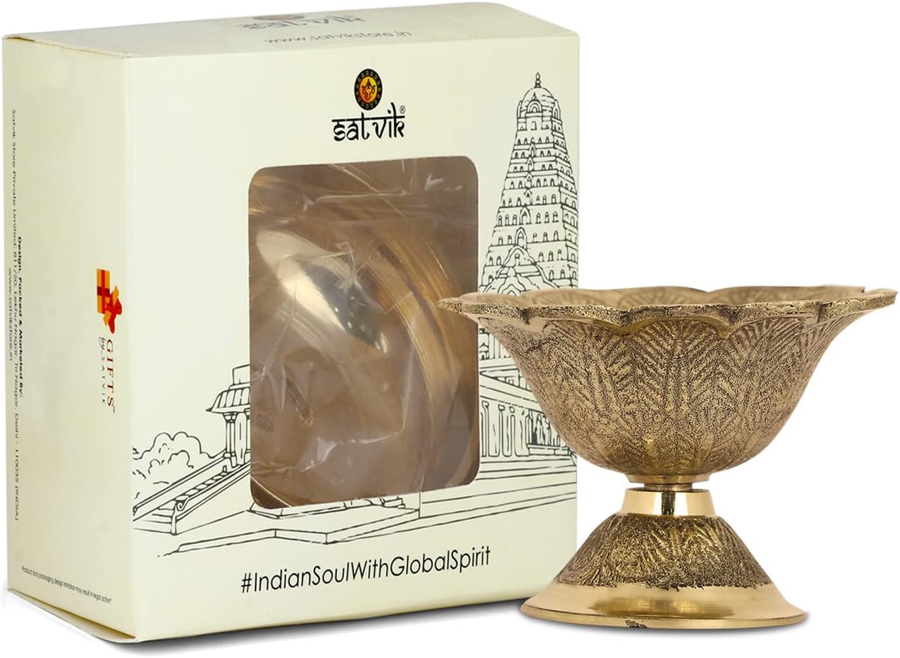 SATVIK – 1 pieza de latón en forma de flor Diya diseño grabado Devdas Metal Akhand Dia Festival Diwali Puja Pooja Mandir Home Temple Oil Lamp con