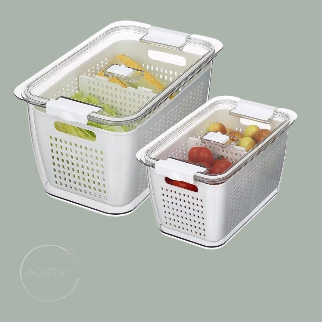 Contenedor de almacenamiento para refrigerador de cocina, paquete de 2 con cestas de drenaje y tapas