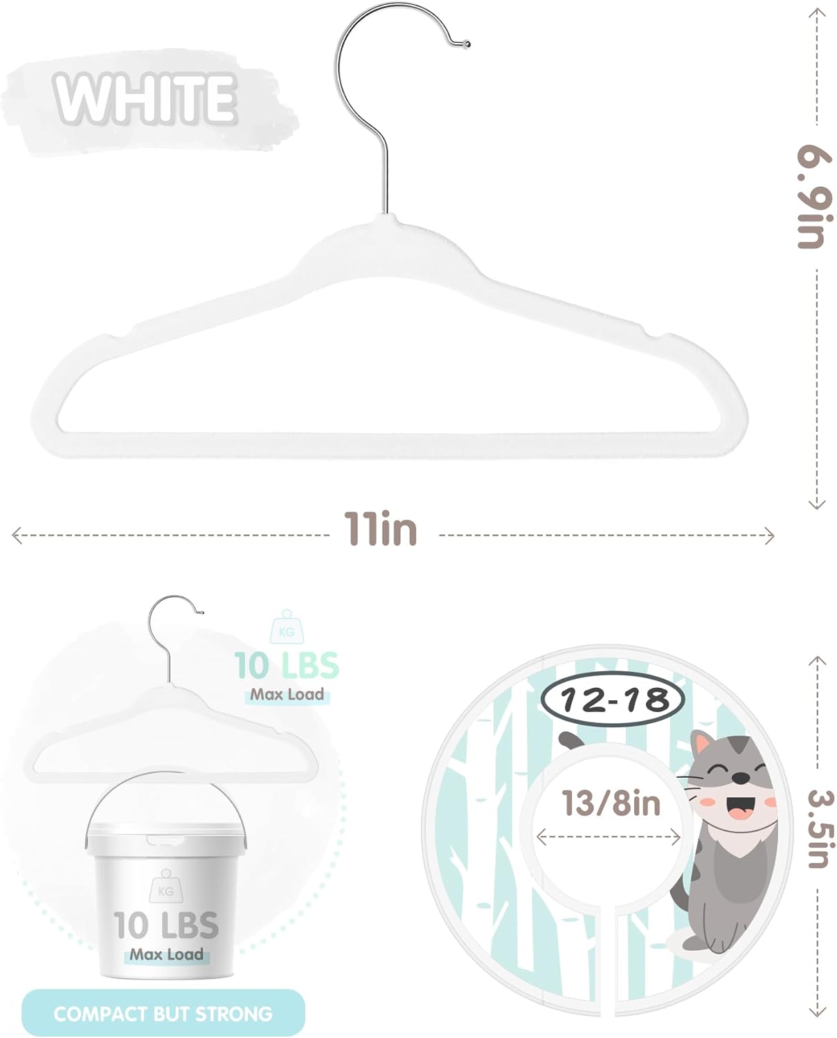 VIS’V – Perchas de terciopelo para niños, 11 pulgadas, color blanco, antideslizantes, para ropa de bebé, con 6 bonitos divisores de ropa para bebés,