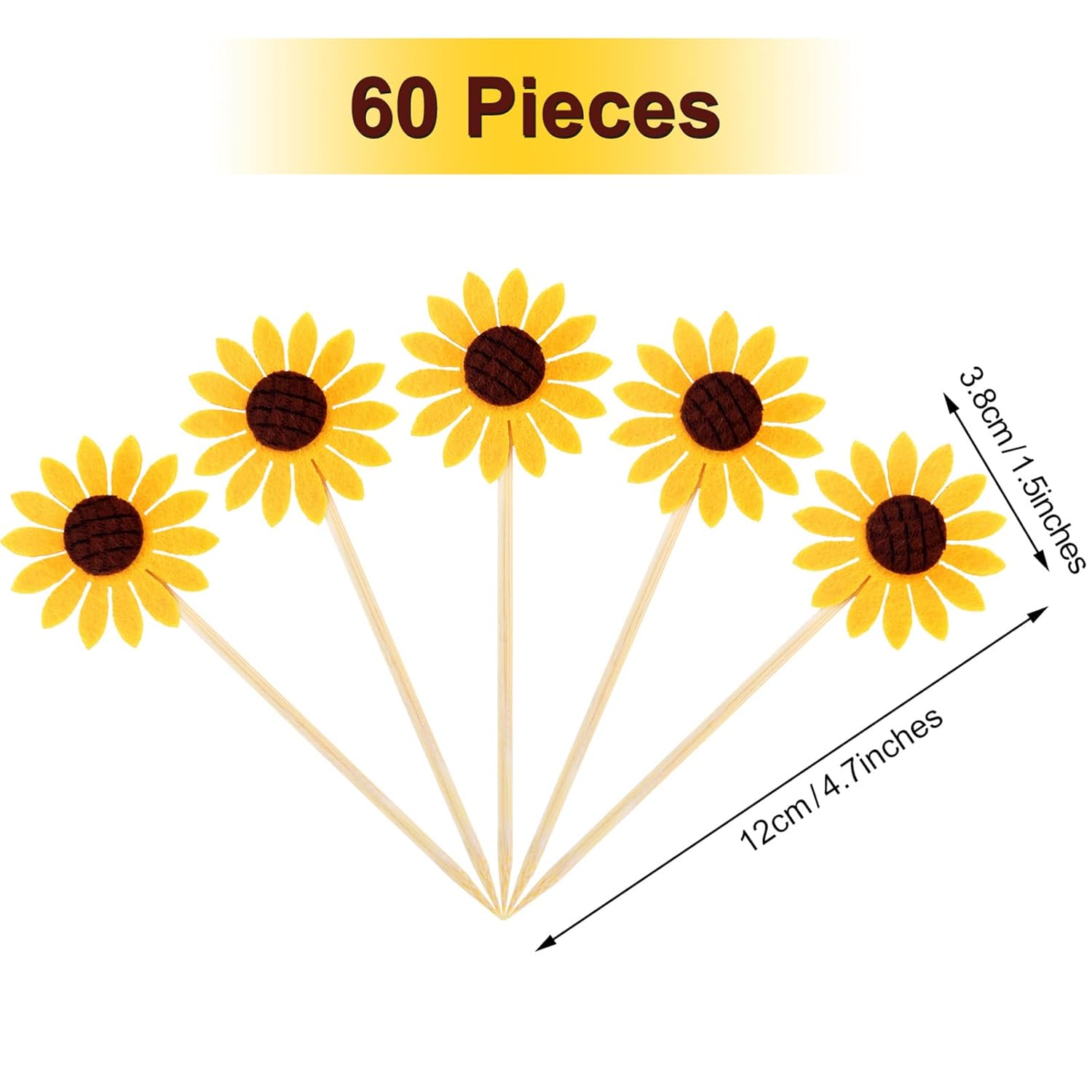 60 piezas de adornos de girasol para cupcakes de flores amarillas, palillos de dientes de girasol, palillos de comida de verano para suministros de