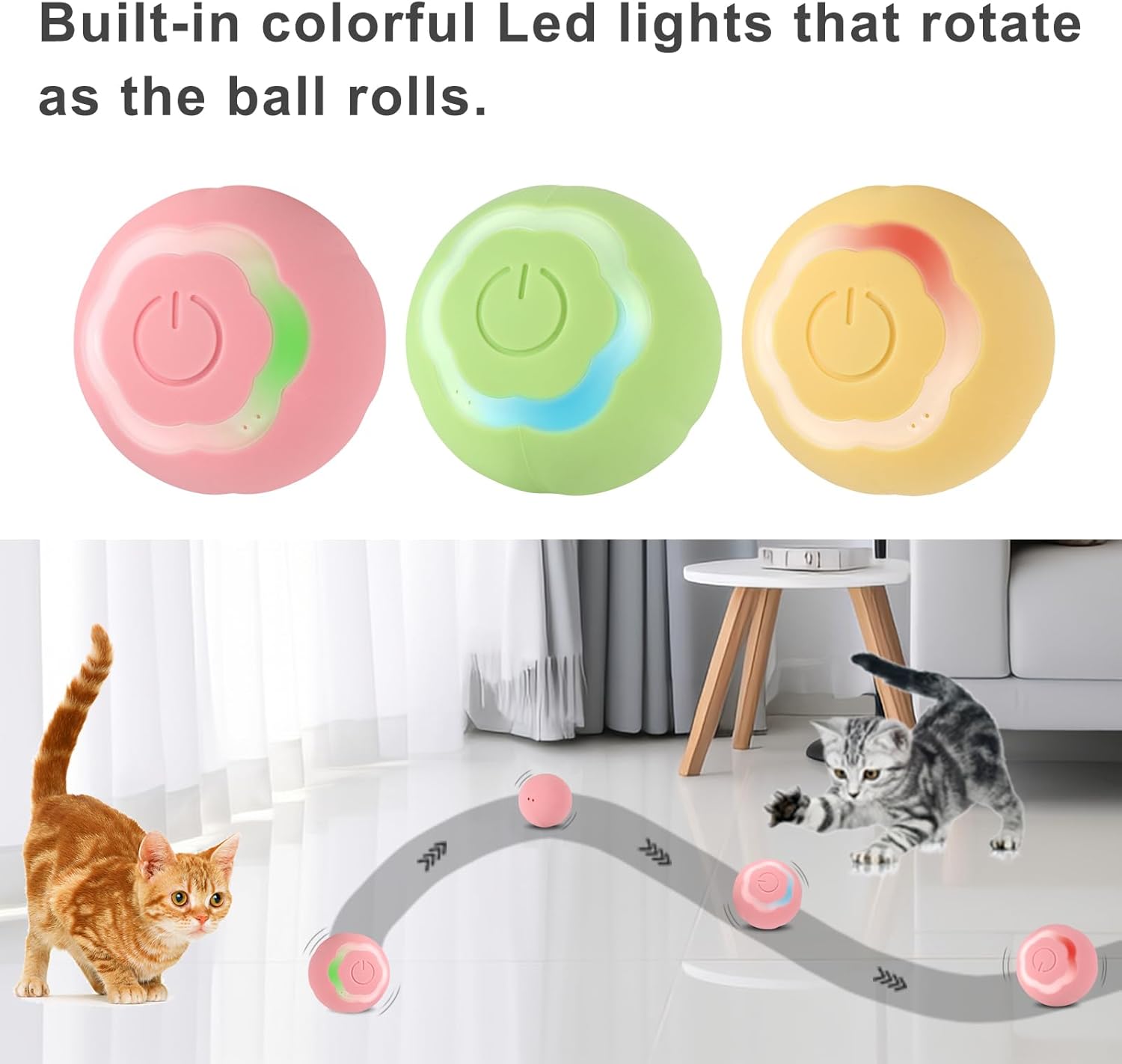 Juguete interactivo inteligente 2.0 para gatos, bola rodante automática con luces coloridas y diseño floral, recargable por USB, activa los
