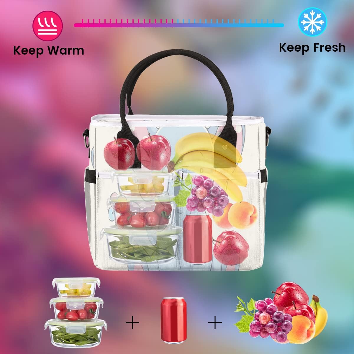 Linda bolsa de almuerzo con diseño de flores de elefante para mujer, bolsa de almuerzo aislada con bolsillos para correa para el hombro, para