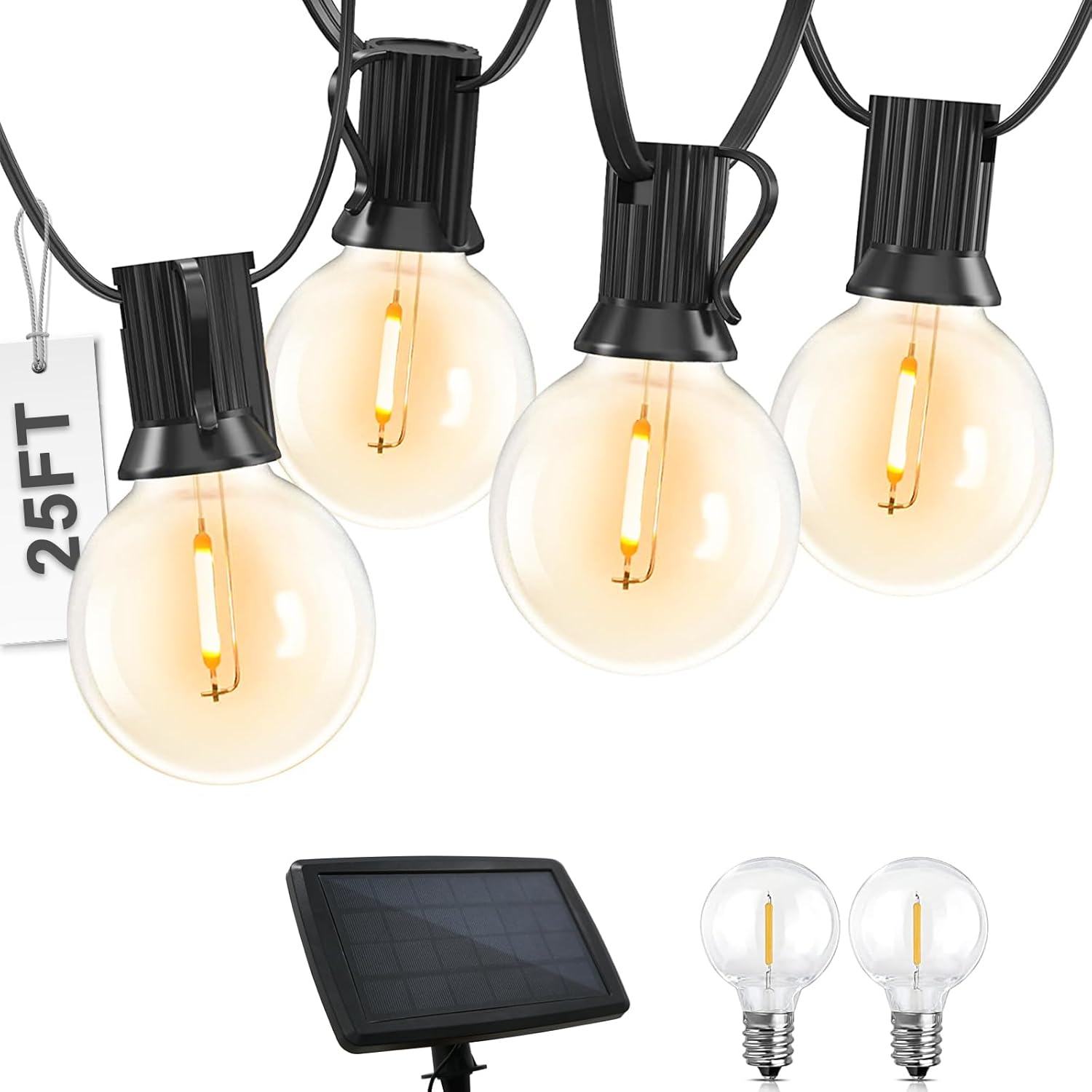 COOS BAY Tira de luces solares para exteriores G40 de 25 pies con 25 bombillas inastillables (2 de repuesto), 4 modos de iluminación para jardín,