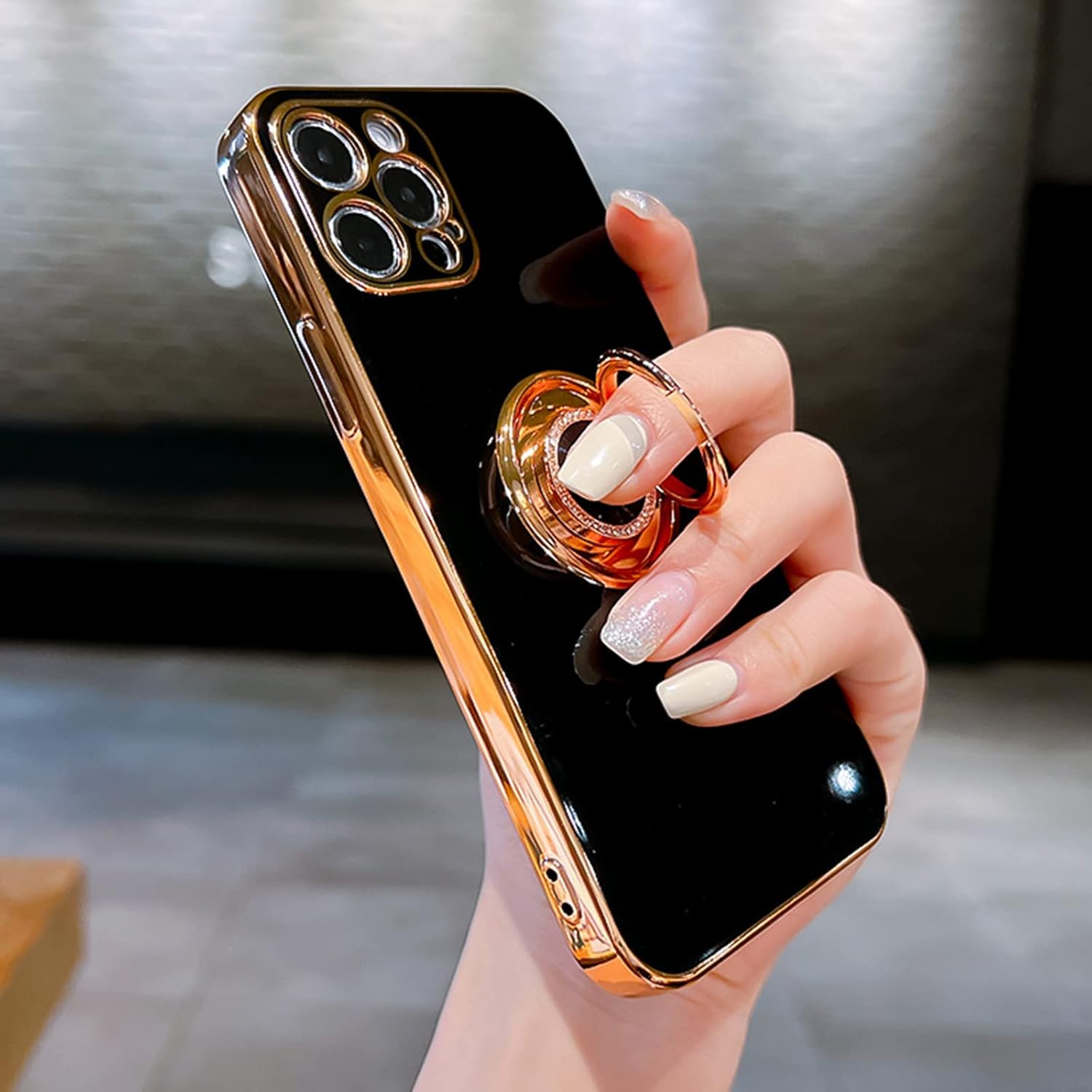 Funda para iPhone 15 Plus con soporte de anillo con chapado de diamante brillante, borde de oro rosa integrado, soporte magnético de rotación 360