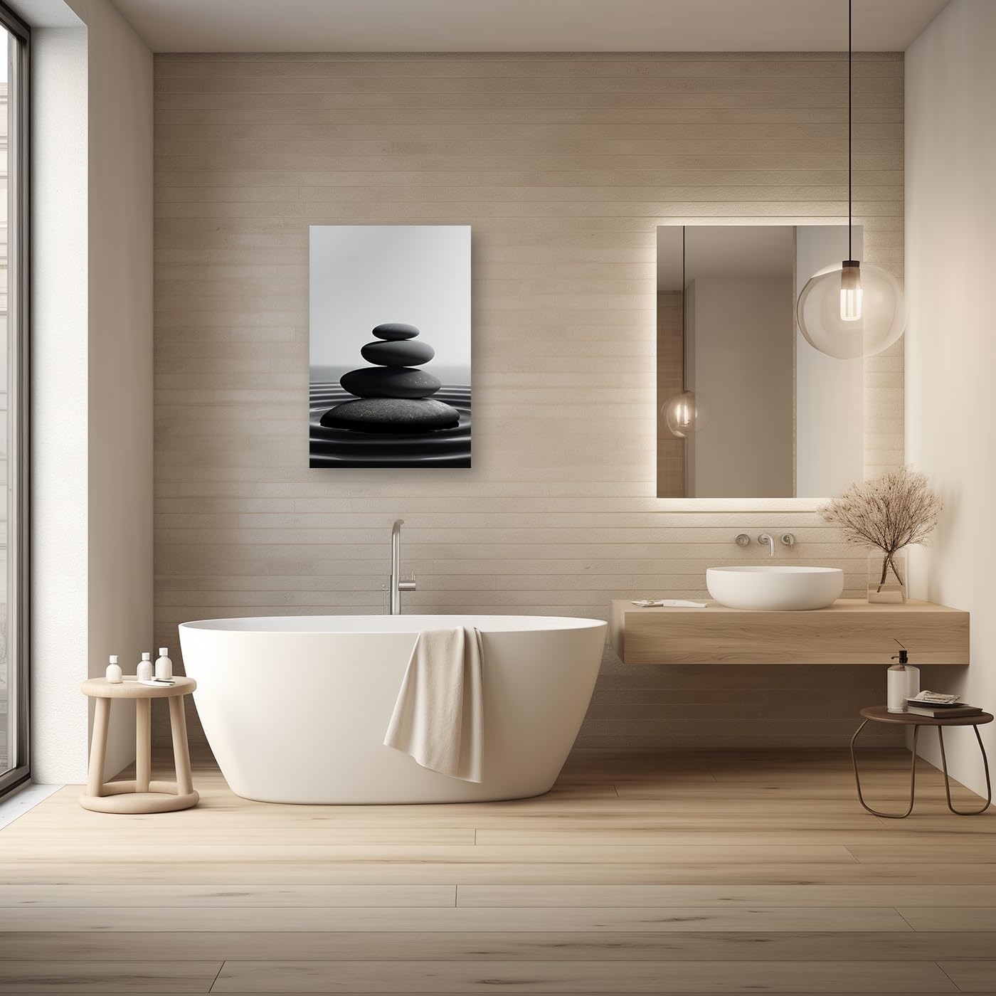 DOARTDO Lienzo de piedra zen para pared, diseño de piedras de spa en blanco y negro, marco moderno de meditación espiritual, decoración de baño
