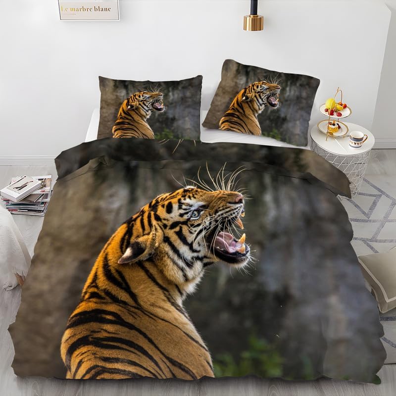 Juego de funda de edredón de tigre siberiano marrón, tamaño matrimonial, funda de edredón de microfibra suave y 2 fundas de almohada de 20 x 26