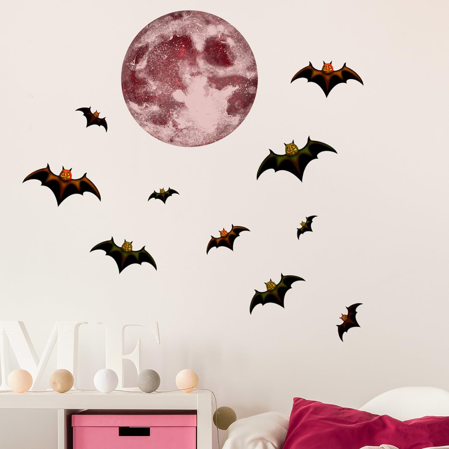 Calcomanías de pared de Halloween que brillan en la oscuridad, calcomanías luminosas de murciélago de luna, calcomanías de pared de Halloween, lindo