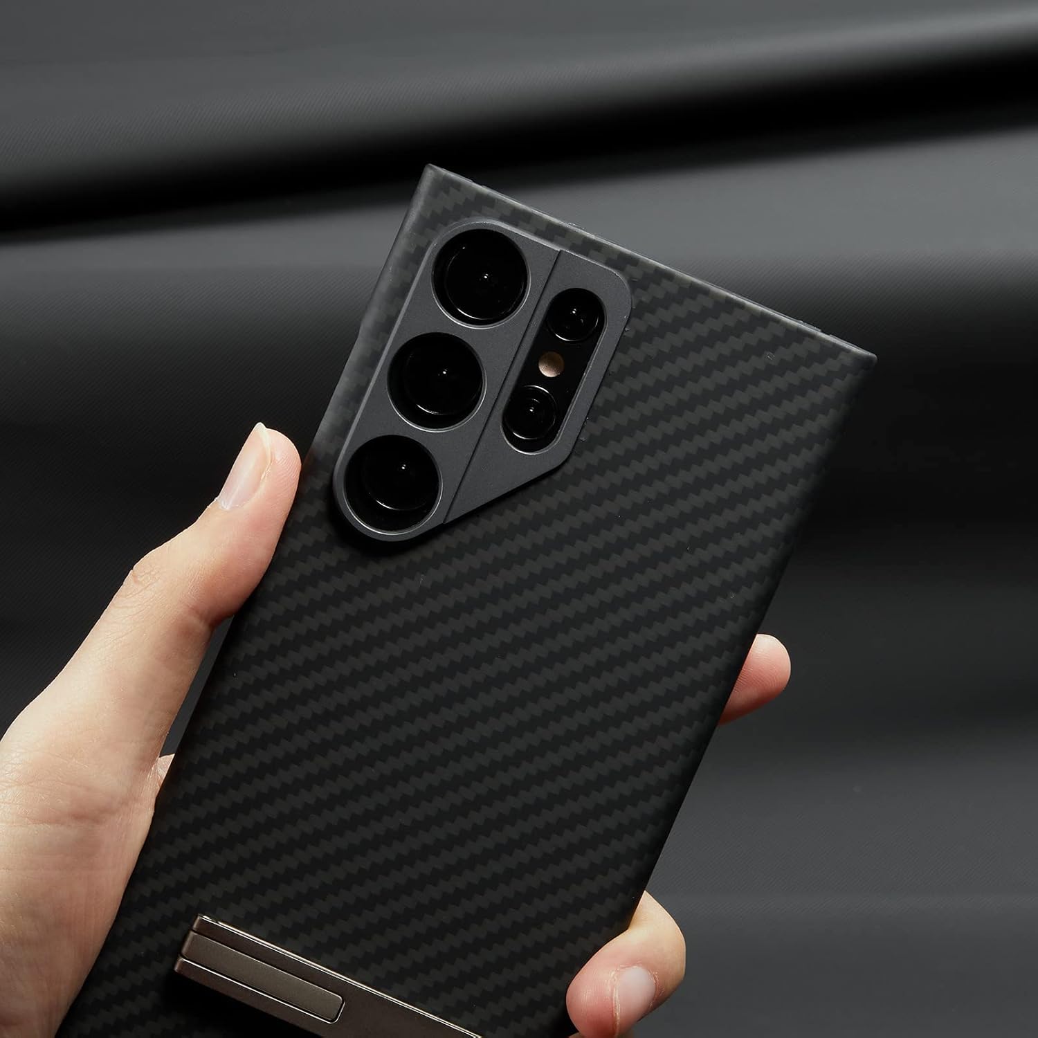 Funda compatible con Samsung Galaxy S23 Ultra, con soporte, fibra de carbono de aramida, diseño de moda para protección de lente de metal de