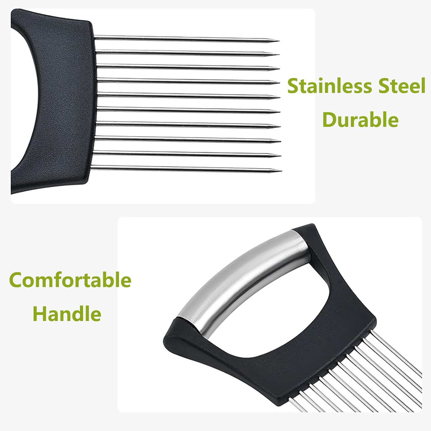 1 soporte de cebolla para rebanar, 1 protector de dedos para cortar alimentos, soporte de acero inoxidable para cortar cebolla, tenedor de cebolla,