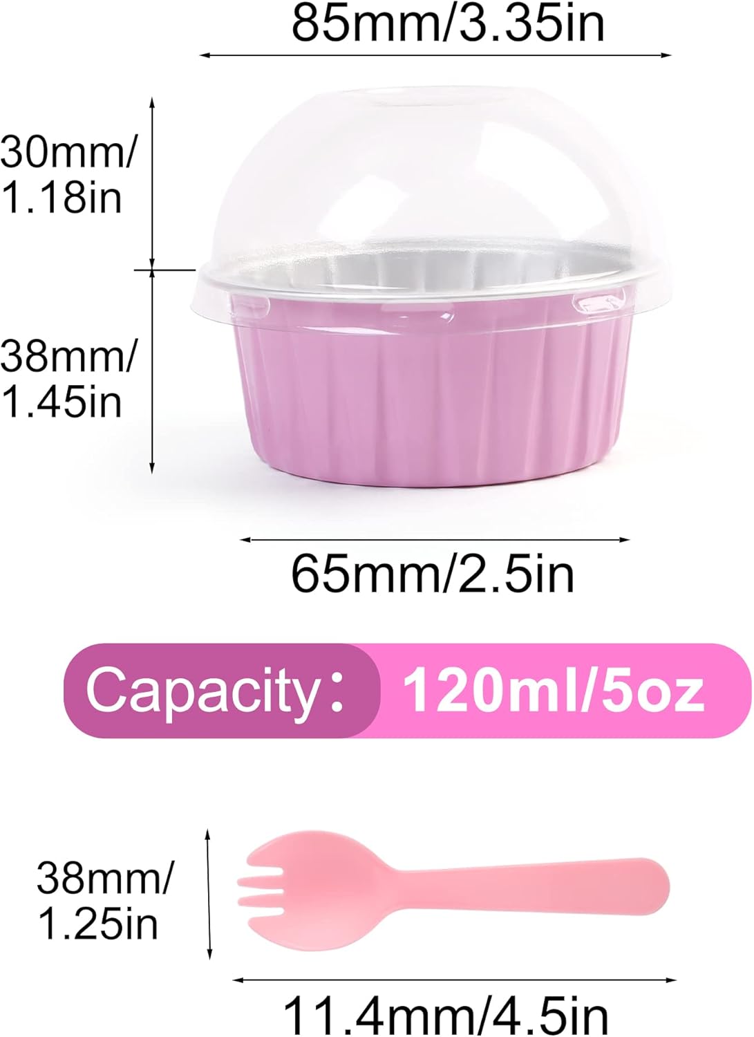 LotFancy Vasos de aluminio para hornear con tapas de cúpula y cucharas, 5 onzas líquidas, 50 moldes desechables de crema brulee, aptos para horno,