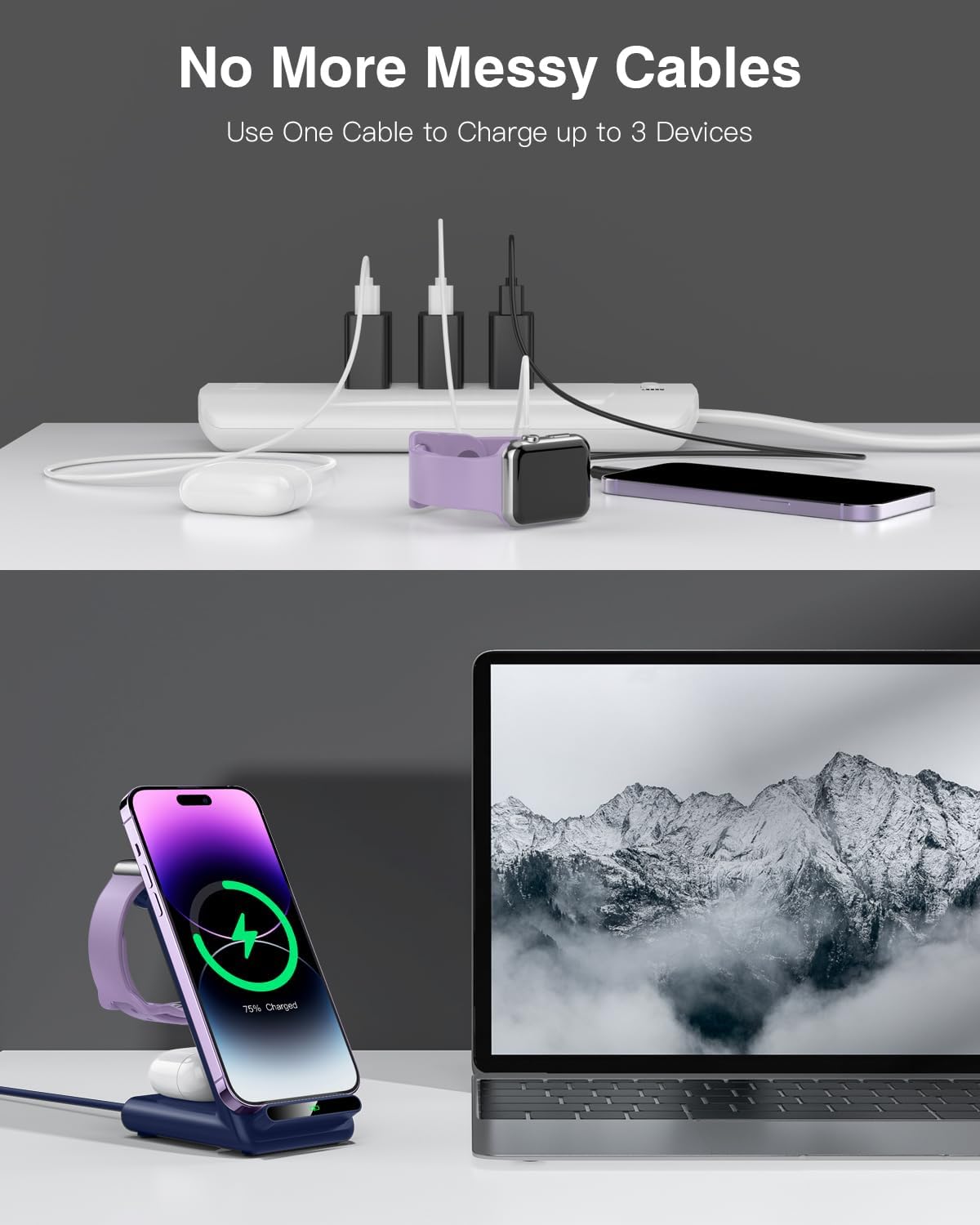 Estación de carga inalámbrica, soporte de carga inalámbrico 3 en 1 hecho para Apple Watch Ultra 9 8 7 6 SE 5 4 3, cargador inalámbrico rápido hecho