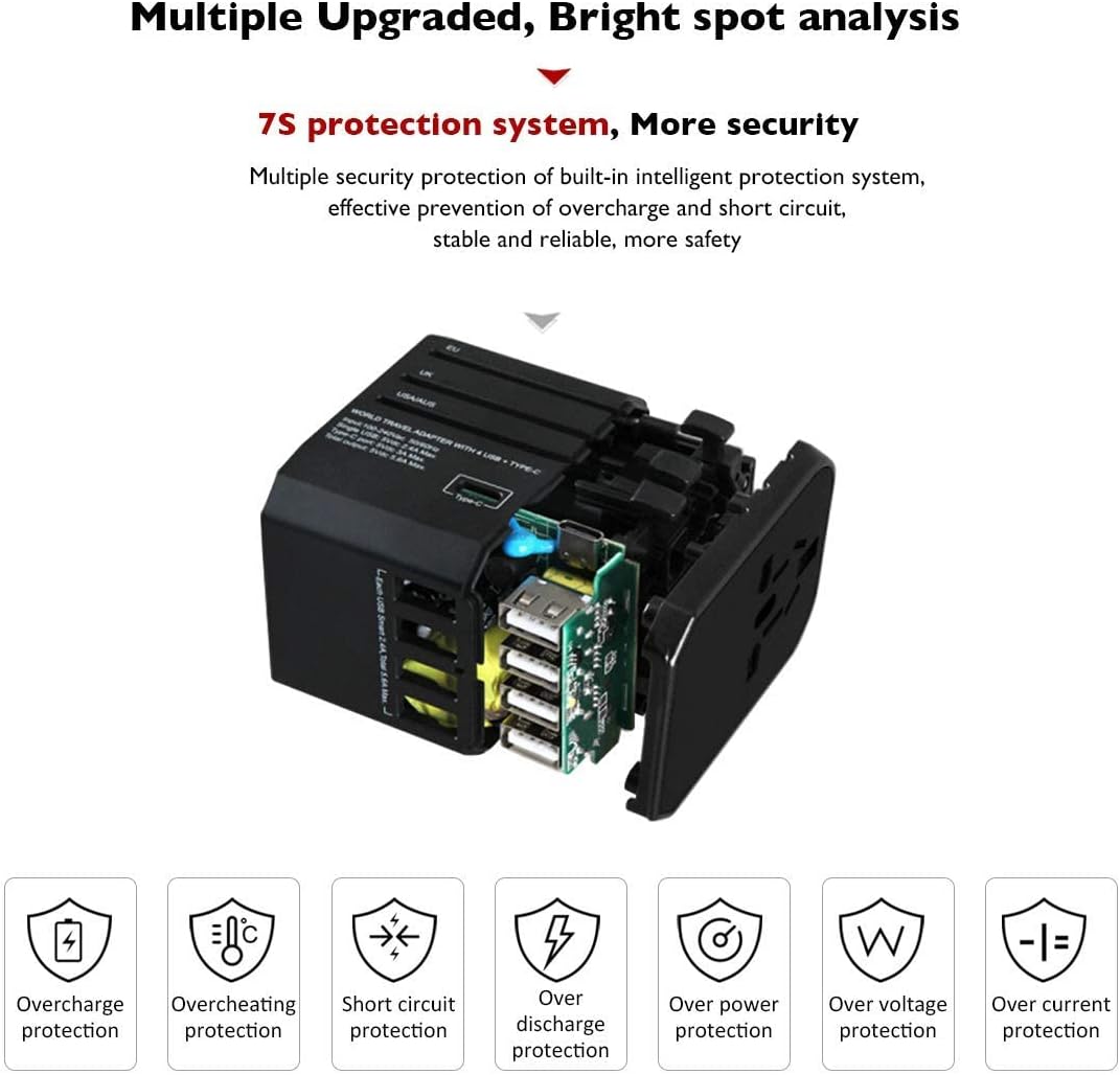 Adaptador de viaje universal, adaptador de corriente internacional de carga rápida hyleton con 4 puertos USB y 1 tipo C, adaptador de enchufe de