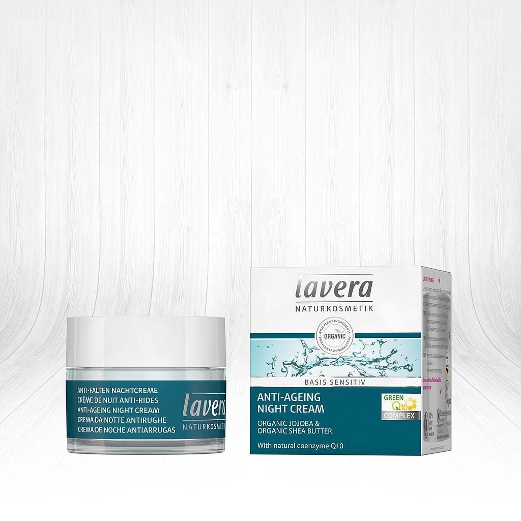 Lavera Crema de noche natural antienvejecimiento para pieles sensibles, ligera, de rápida absorción, tez más suave, suave y más joven (1.6 onzas)