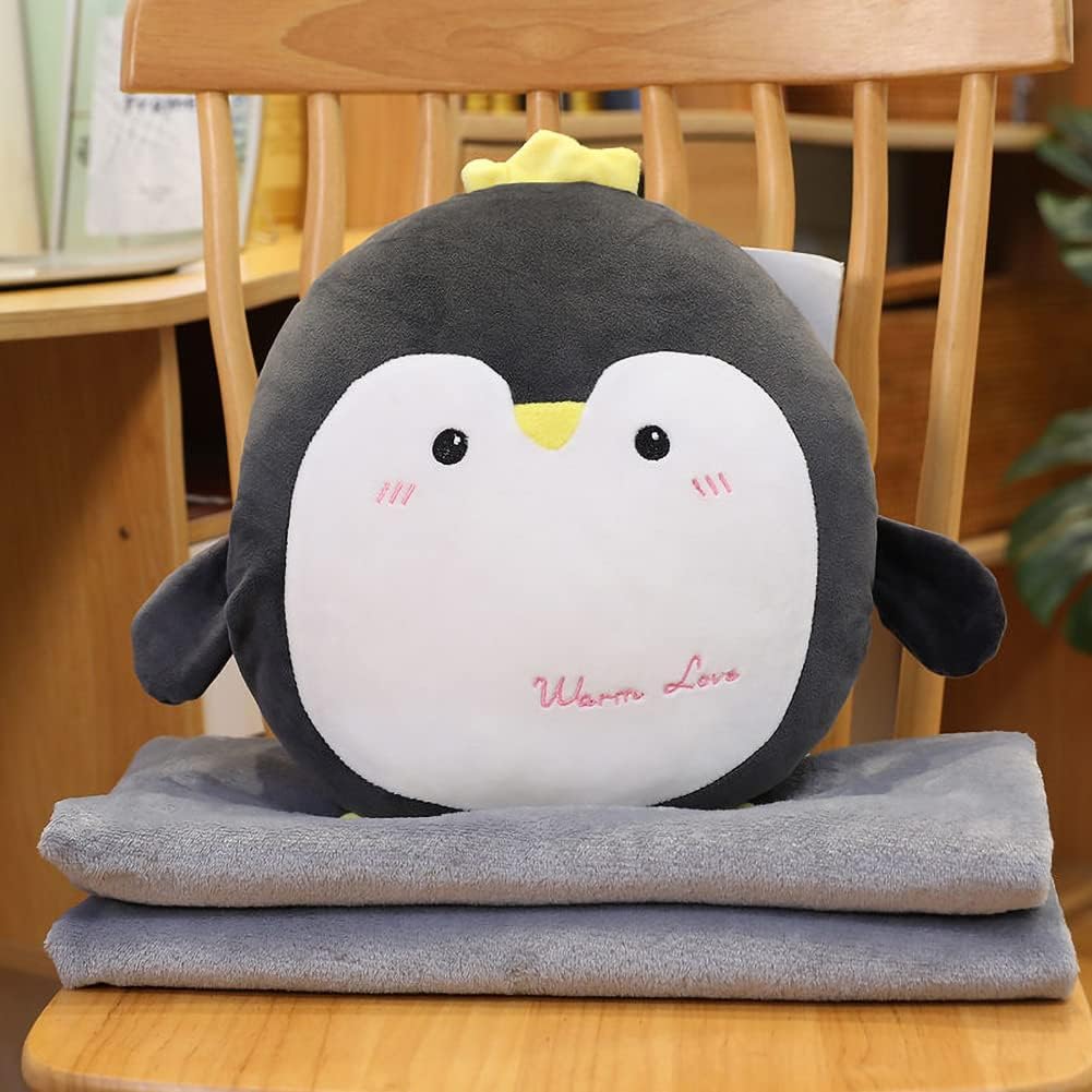 Cobija de peluche con diseño de pingüino de peluche y manta de forro polar, manta de viaje y almohada 2 en 1 (gris)