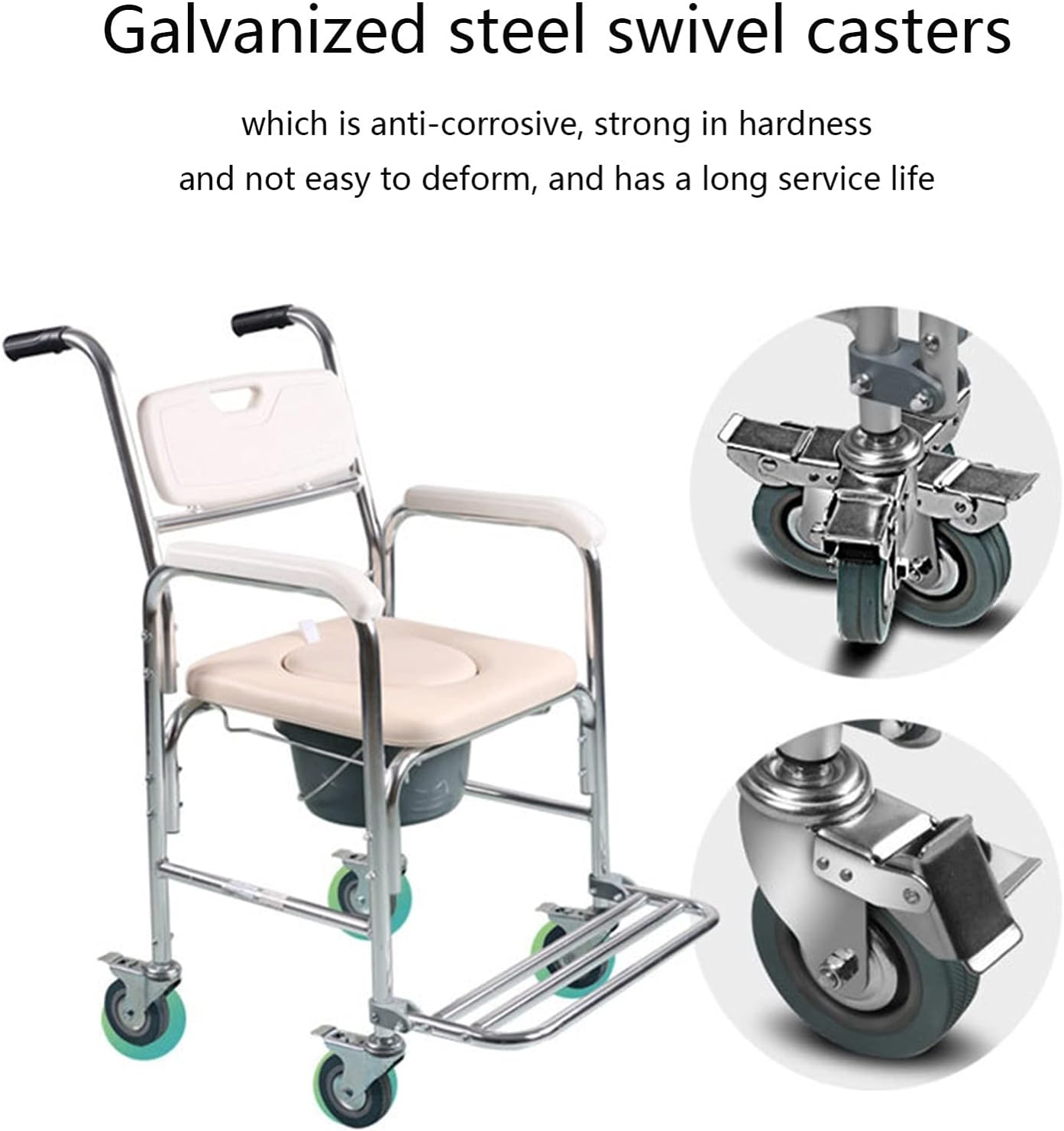 Silla cómoda con ruedas, silla de ruedas, silla de transporte, taburete de baño de 4 ruedas, frenos de 4 ruedasinodoro móvil con pedal plegable para