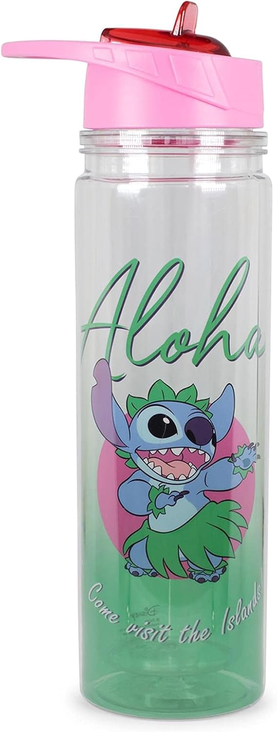 Silver Buffalo Lilo and Stitch Aloha – Botella de agua Tritan de doble pared  Botella de plástico sin BPA con tapa de rosca y tapa abatible con