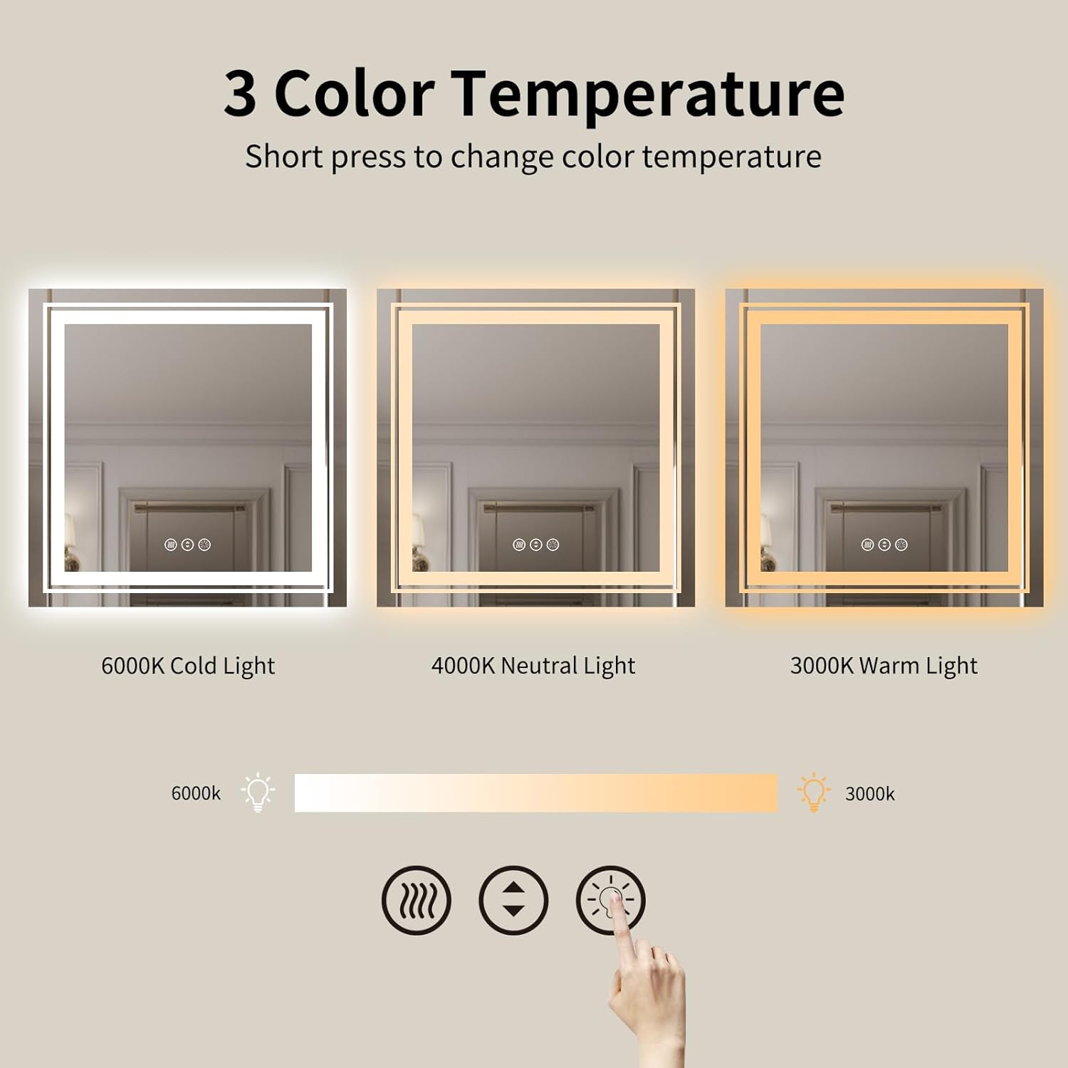 Espejo de baño LED de 32 x 32 pulgadas con retroiluminación y luz frontal, espejo LED regulable sin pasos para baño, espejo de tocador de baño con