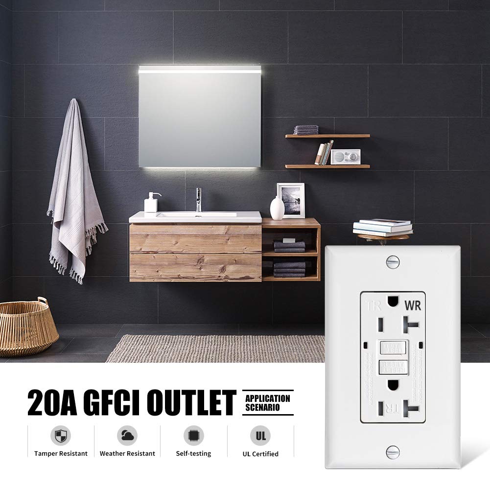 Receptáculo de salida GFCI de 20 amperios para exteriores, prueba dúplex, resistente a manipulaciones y resistente a la intemperie, salida de