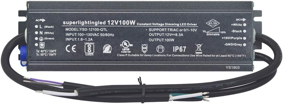 12 V CC 100 W UL-Listed 0-10 V y TRIAC regulable impermeable IP67 fuente de alimentación más delgada 110 V a 12 V transformador de bajo voltaje para