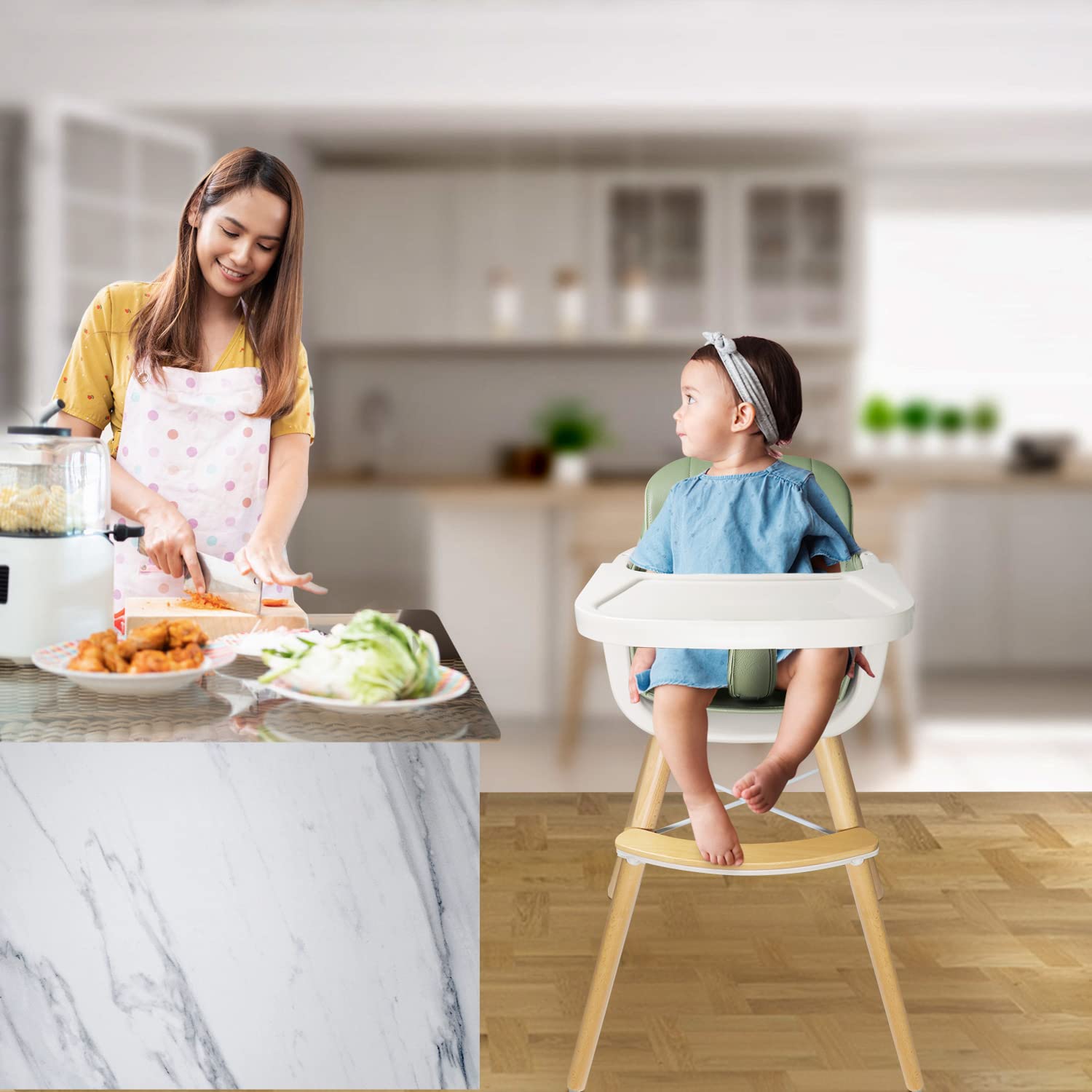 Foho Silla alta para bebé, perfecta silla alta convertible 3 en 1 de madera con cojín, bandeja extraíble y patas ajustables para bebé y niños