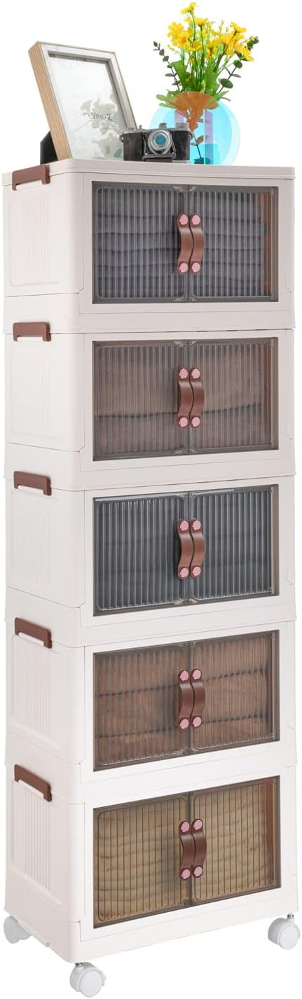 MUMUPACK Contenedores de almacenamiento de plástico de 5 niveles con ruedas de 14 galones, contenedores de almacenamiento apilables con puertas,