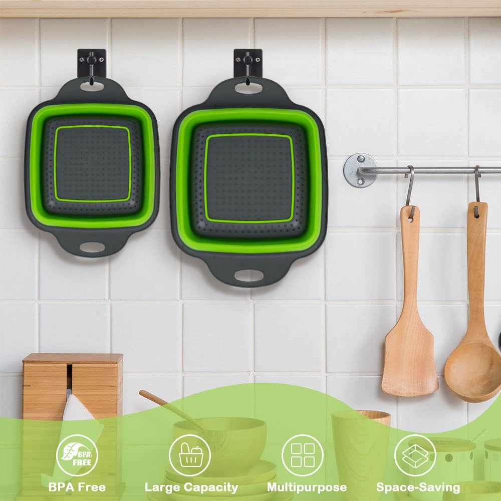 AUAUY Juego de 2 coladores plegables, colador plegable cuadrado de silicona con asas de plástico, colador de cocina ecológico con agujeros grandes