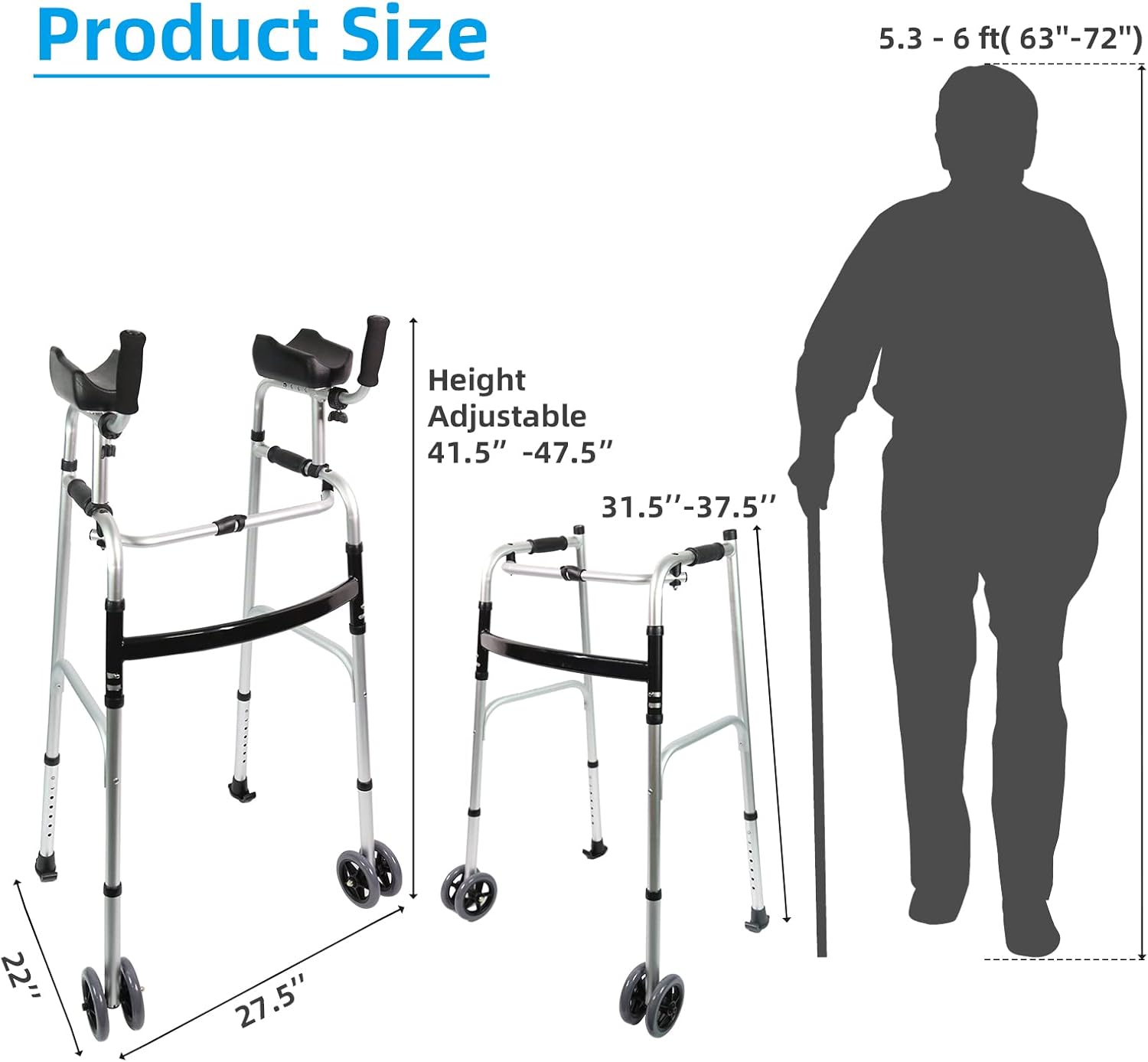 Andador IP plegable con almohadilla para reposabrazos, andadores de aluminio ajustables en altura, andador estándar para personas mayores, ancianos,
