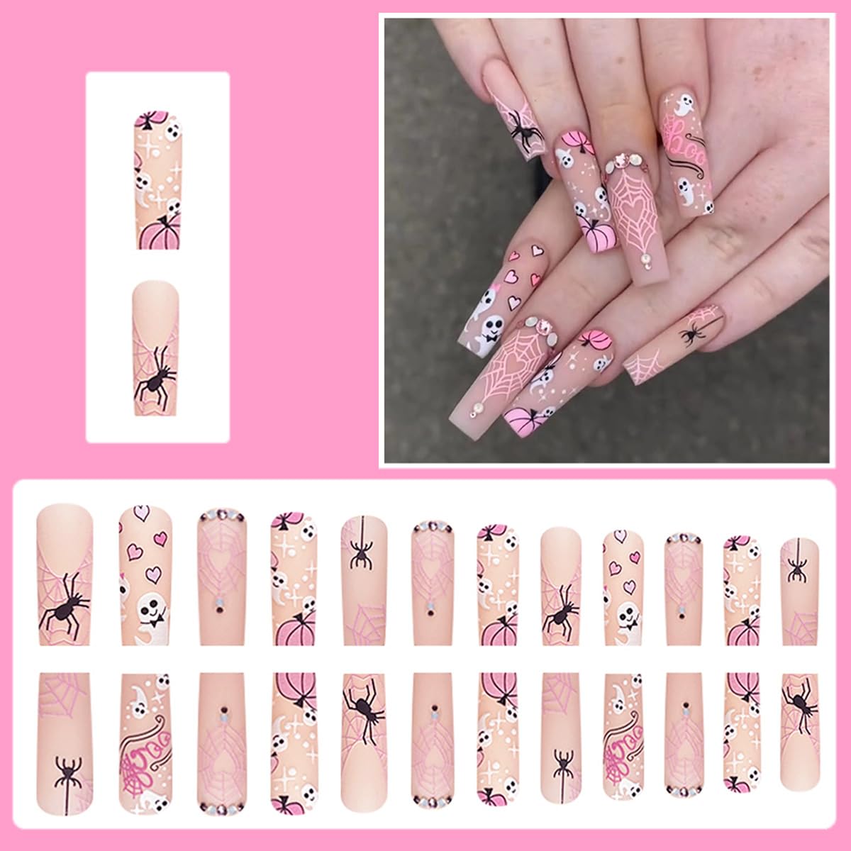 24 uñas postizas largas a presión de Halloween con diamantes de imitación, diseño de murciélago y calabaza, cobertura completa, uñas postizas rosas