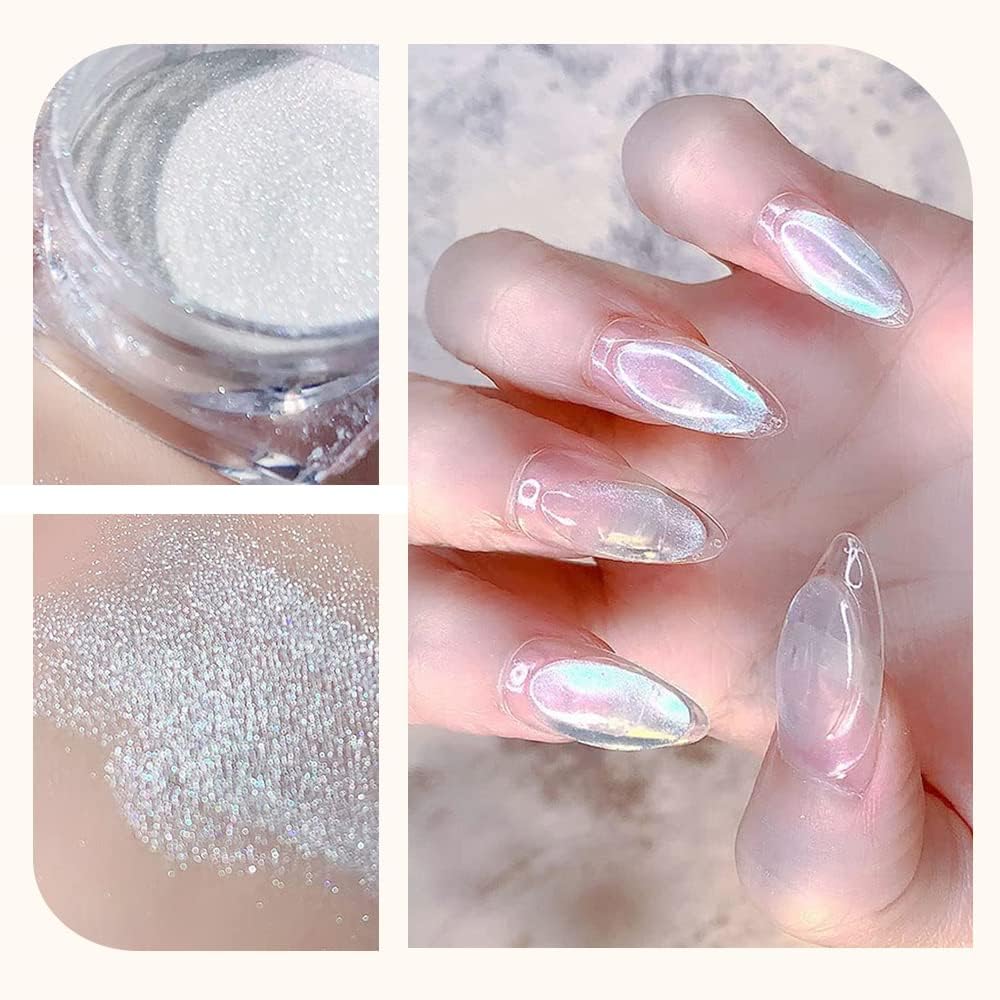 PrettyDiva – Polvo de uñas de perlas  2 colores de polvo de uñas cromado transparente Aurora Cromo polvo de uñas cromado, polvo de brillo