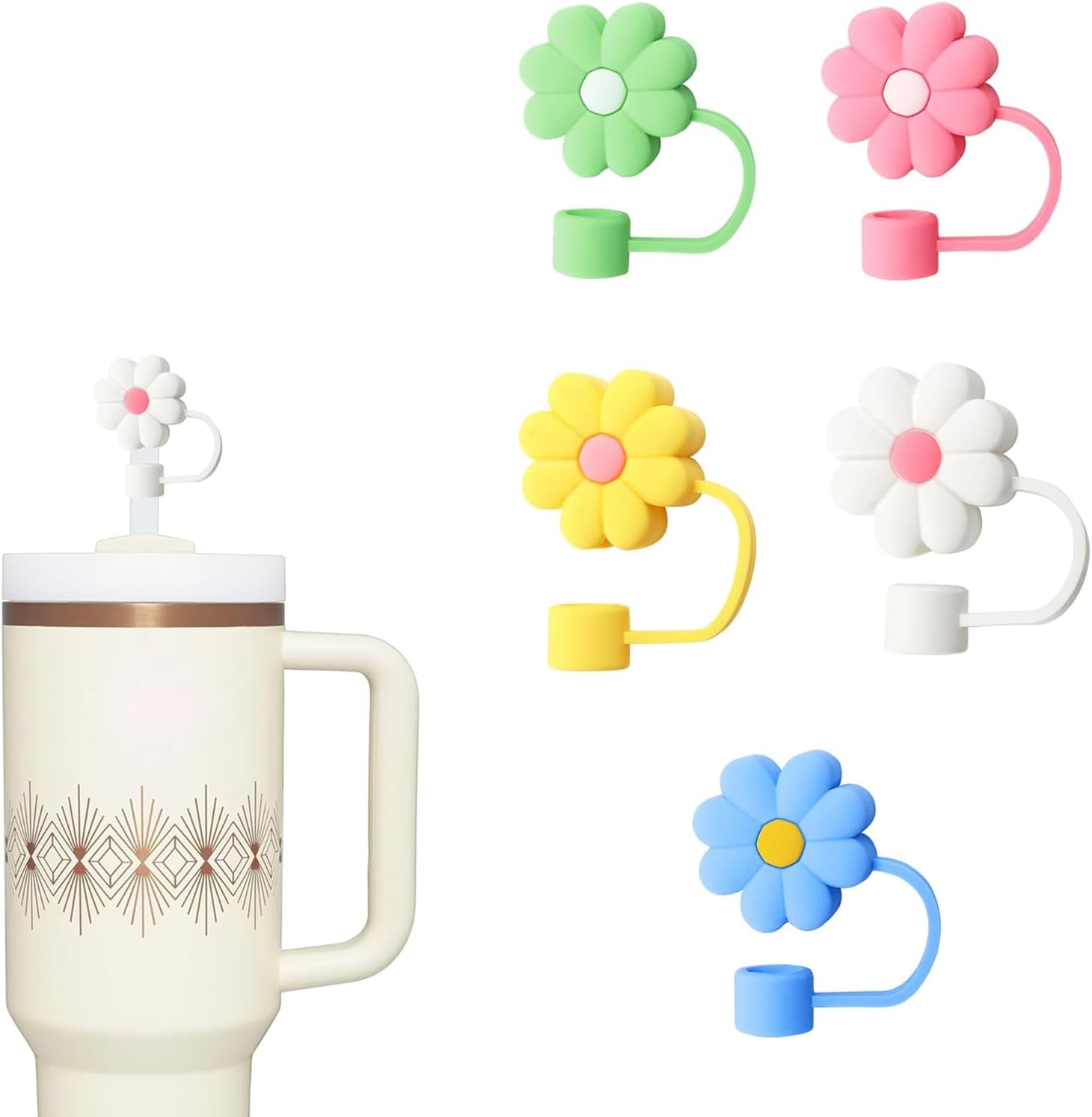 Paquete de 5 adornos de paja para Stanley Cup Cute, funda de popote de silicona compatible con vaso Stanley de 30 y 40 onzas con asa (flor)