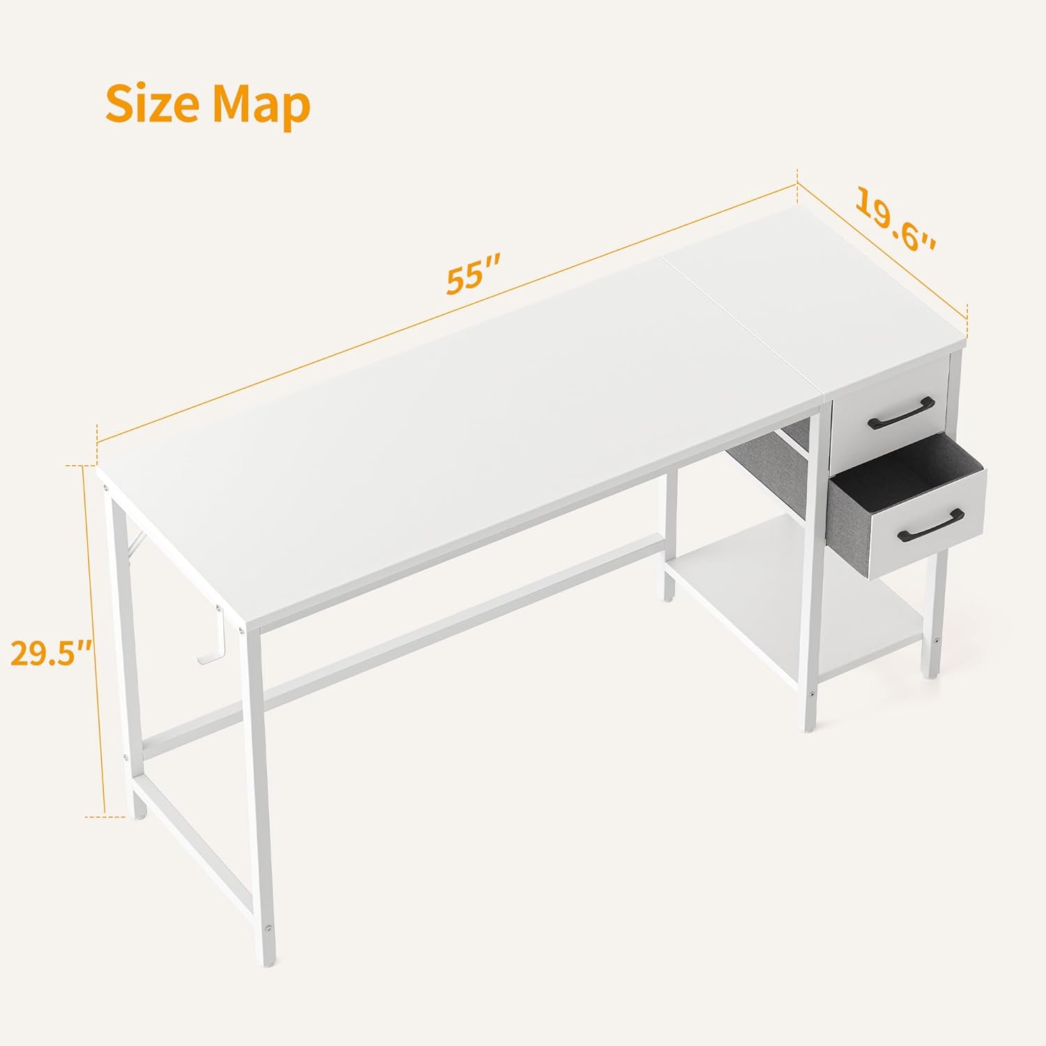 CubiCubi Escritorio de oficina en casa para computadora con 2 cajones, escritorio pequeño blanco de 55 pulgadas, mesa de estudio, escritorio moderno