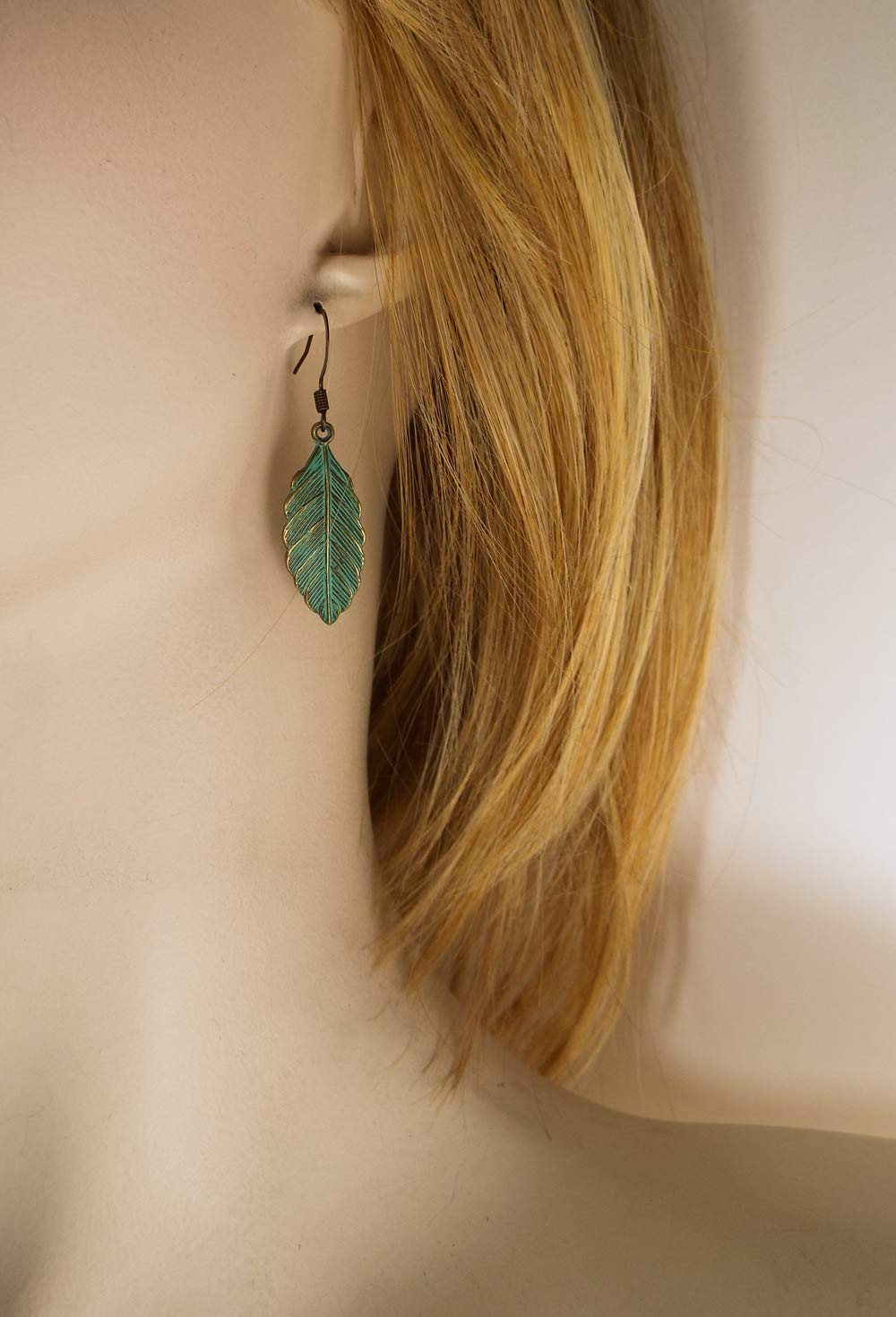 Metal Feather or Leaf Dangle Earrings with Teal Verdigris Patina over Brass with Antiqued Brass Ear Wires